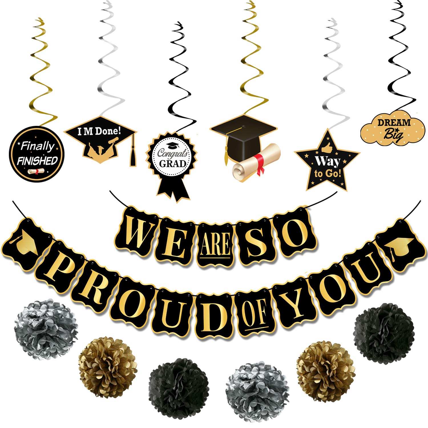 2025 Graduation Party Decorations Set - 34-Pack Black & Gold Grad Banner, Swirls & Pom Poms | 'We Are So Proud of You' Sign | Class of 2025 Celebration Supplies for High School & College Graduation Ceremony Decor