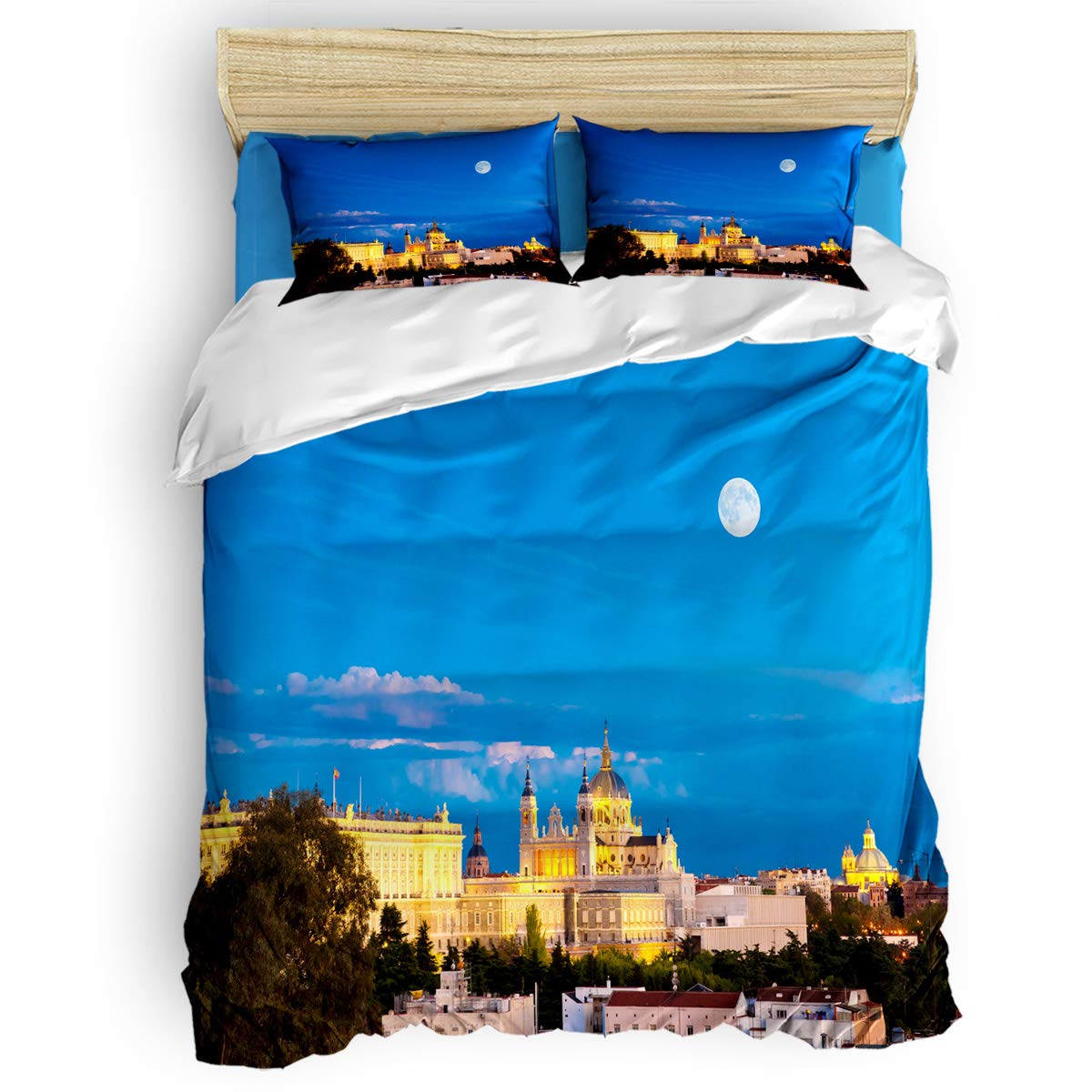 Queen Size Duvet Cover Set - Cute Kids Bedding with Madrid Night Sky Print - Soft 4-Piece Bed Sheet Set (1 Flat Sheet, 1 Duvet Cover, 2 Pillowcases) for Women & Men - Perfect for Kids' Rooms, Guest Bedrooms & Cozy Home Decor