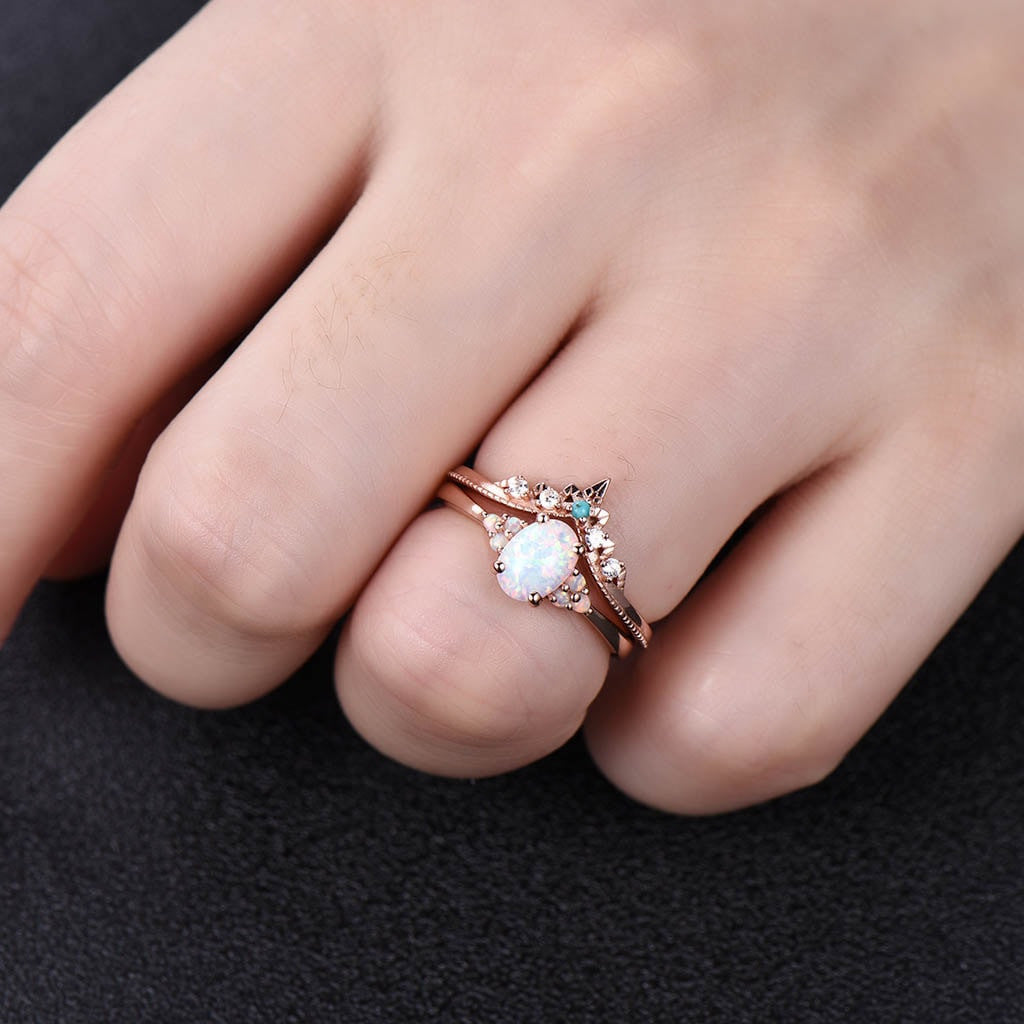 14k/18k Oval Opal Engagement Ring Set - Cluster Opal Bridal Jewelry for Wedding, Proposal & Anniversary Gifts