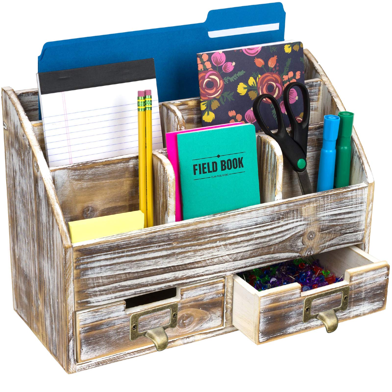 Distressed Wood Office Desk Organizer with 6 Compartments & 2 Drawers - Perfect for Organizing Pens, Notebooks, Mail, Folders & Office Supplies (Brown) | Ideal for Home Office, Workspace & Study Desk Organization
