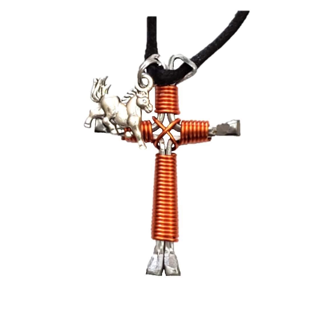 Orange Horseshoe Nail Cross Pendant Necklace with Horse Charm - Perfect for Equestrian Gifts, Western Jewelry & Country Fashion Accessories