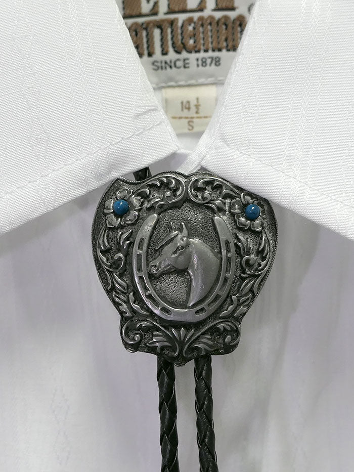 Fashionwest 1750 Horse Shield Western Bolo Tie for Men - Genuine Leather Cowboy Neckwear with Silver Concho - Perfect for Rodeo, Country Music Concerts & Western Themed Parties