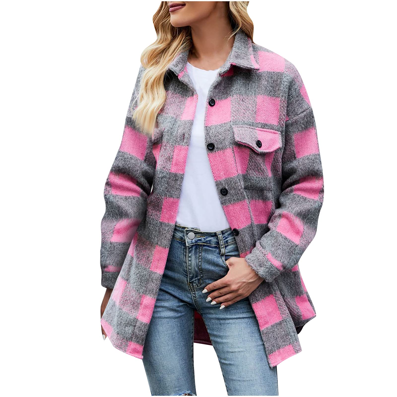 Breast Cancer Awareness T-Shirt - Long Sleeve Cardigan Shacket Jacket for Women - Plaid Fashion Top for Work, Casual Wear & Support Events
