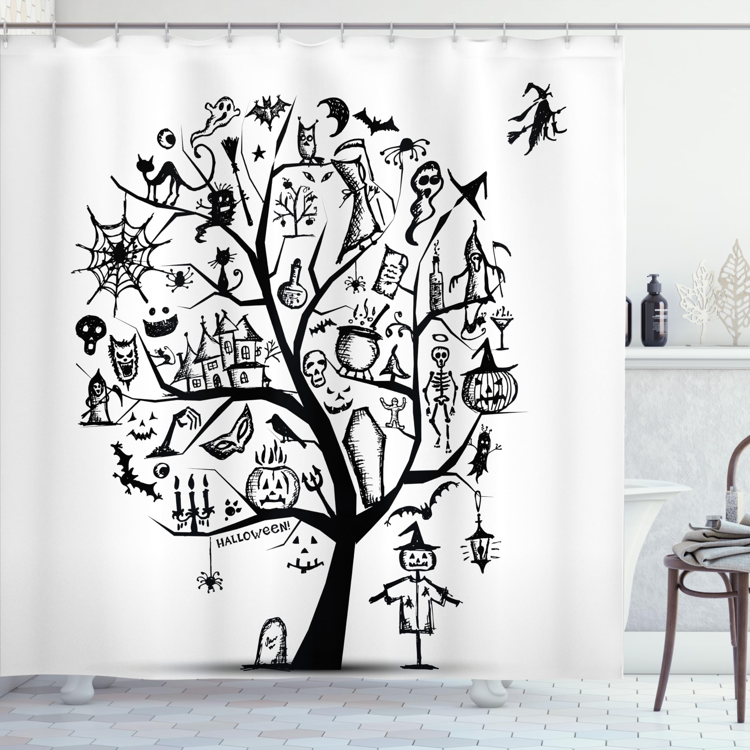 Ambesonne Halloween Shower Curtain - Spooky Tree & Witch Broom Abstract Design, 69x84 Inch Black & White Fabric Bathroom Decor with Hooks | Perfect for Halloween Bathroom Decorations, Themed Parties & Haunted House Decor