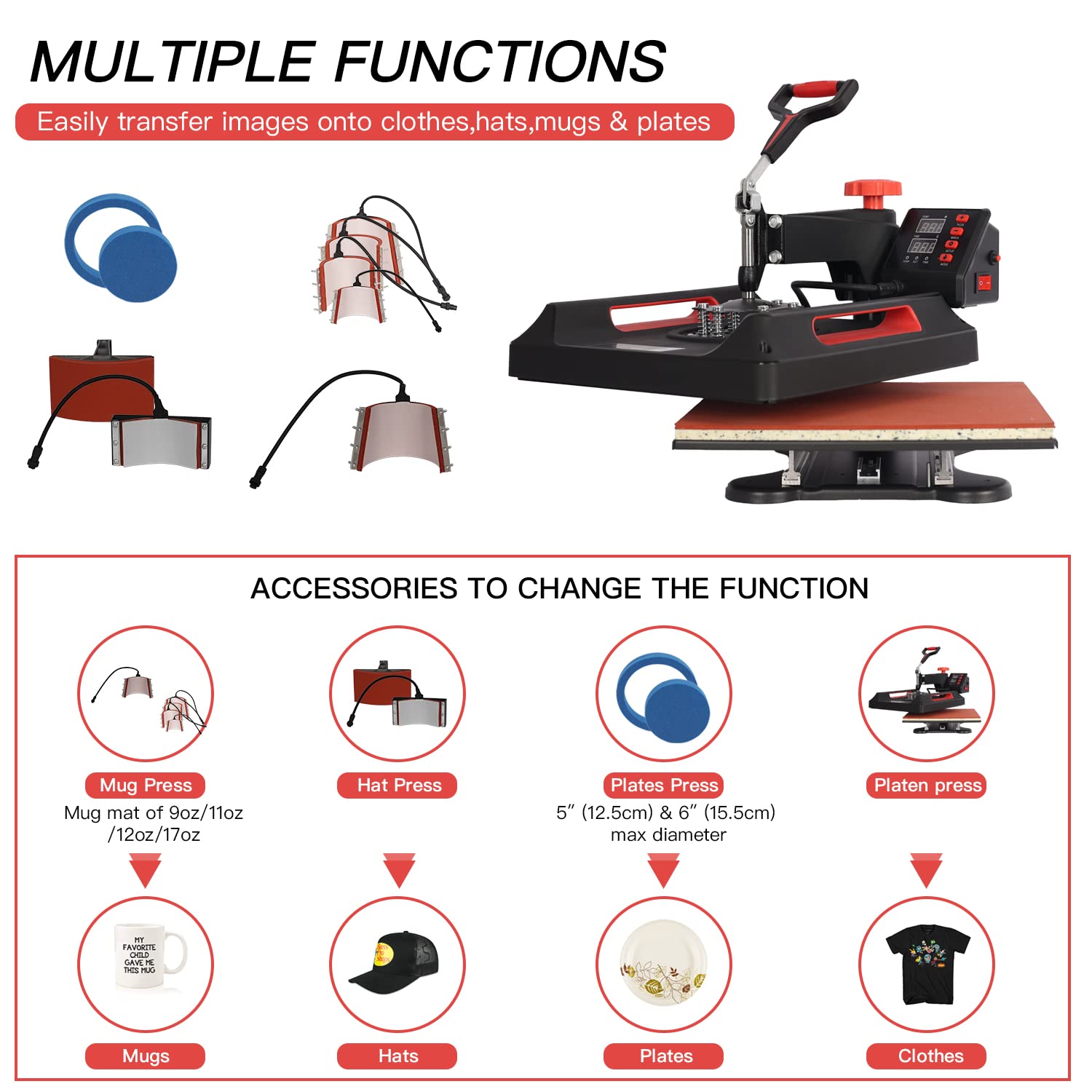 UKPRESS 8-in-1 Heat Press Machine 38x38cm with Digital Control - Sublimation Printing for T-Shirts, Mugs, Hats & More - 360° Swing Away Design (Red) | Perfect for DIY Crafts, Small Business & Custom Apparel Printing