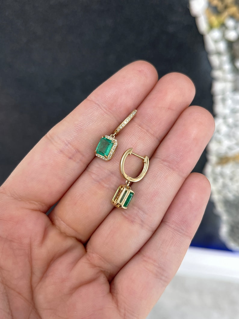 2.63 TCW Genuine Green Emerald & Diamond Halo Dangle Earrings in 14K Gold - Elegant Jewelry for Weddings, Parties & Special Occasions