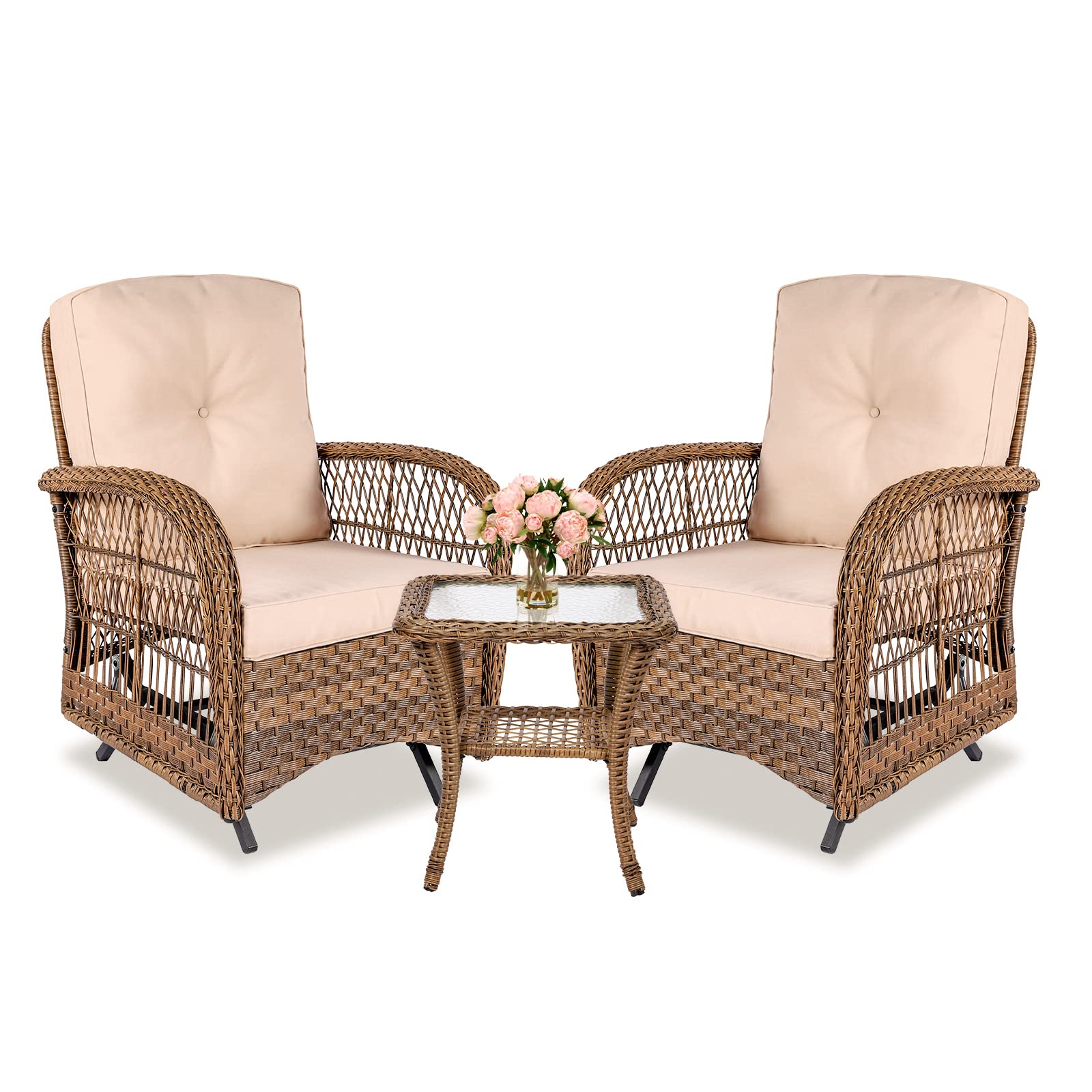 MEETWARM 3-Piece Outdoor Patio Wicker Rocking Glider Set with Thickened Cushions & Glass-Top Coffee Table - Rattan Patio Furniture Conversation Set for Porch, Backyard, Garden & Poolside Relaxation