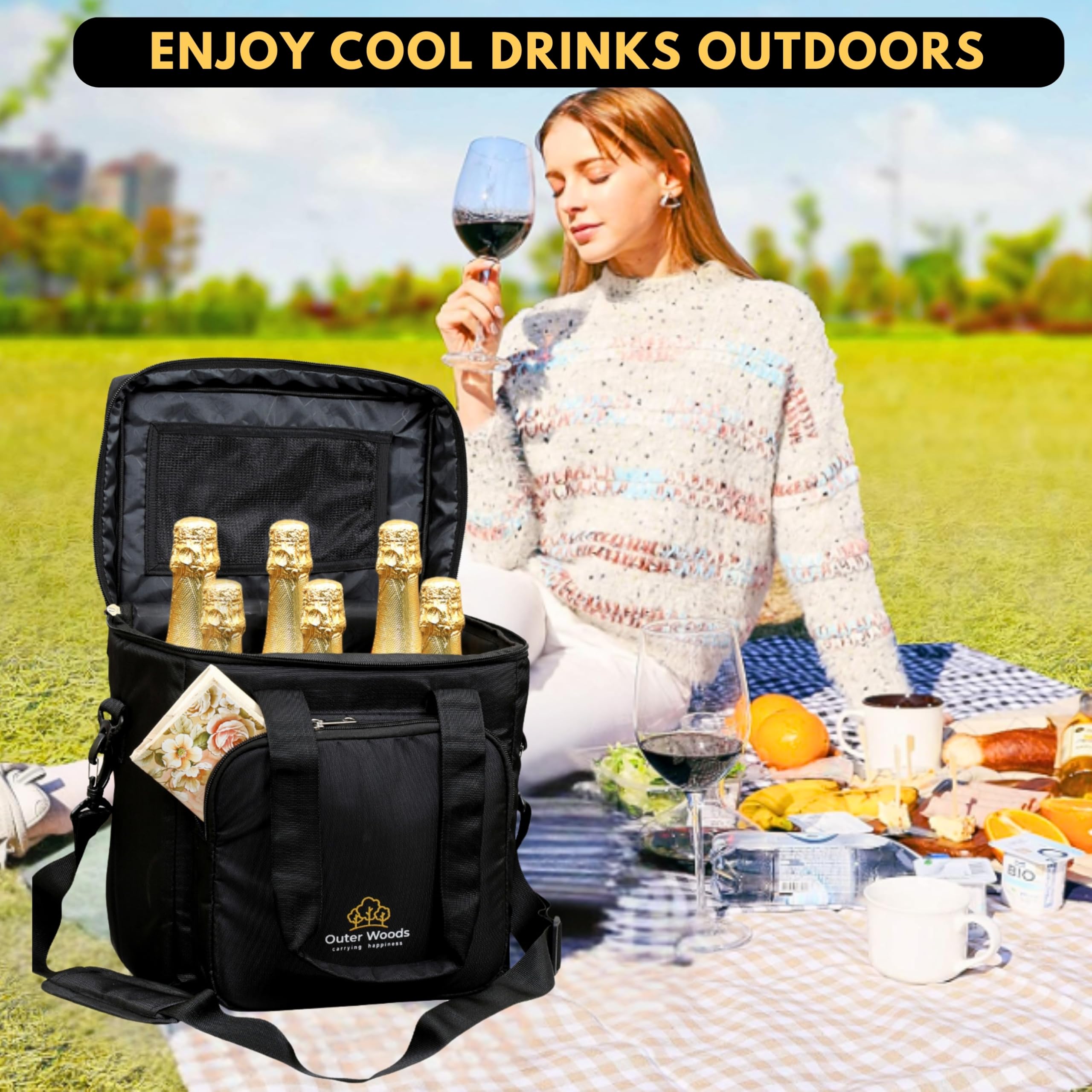Outer Woods Insulated 6 Bottle Wine Cooler Bag with 6 Ice Gel Packs - Black | Portable Beer & Beverage Cooler for Picnics, Camping & Outdoor Parties | Fits 6 Full Size Bottles