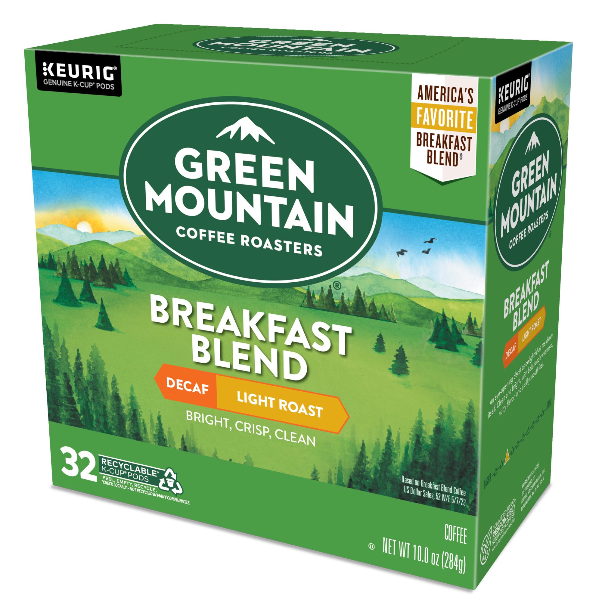 Green Mountain Coffee Roasters Decaf Breakfast Blend K-Cup Pods - Light Roast Single-Serve Coffee for Keurig Brewers (32 Count) | Perfect for Morning Routines & Office Coffee Breaks