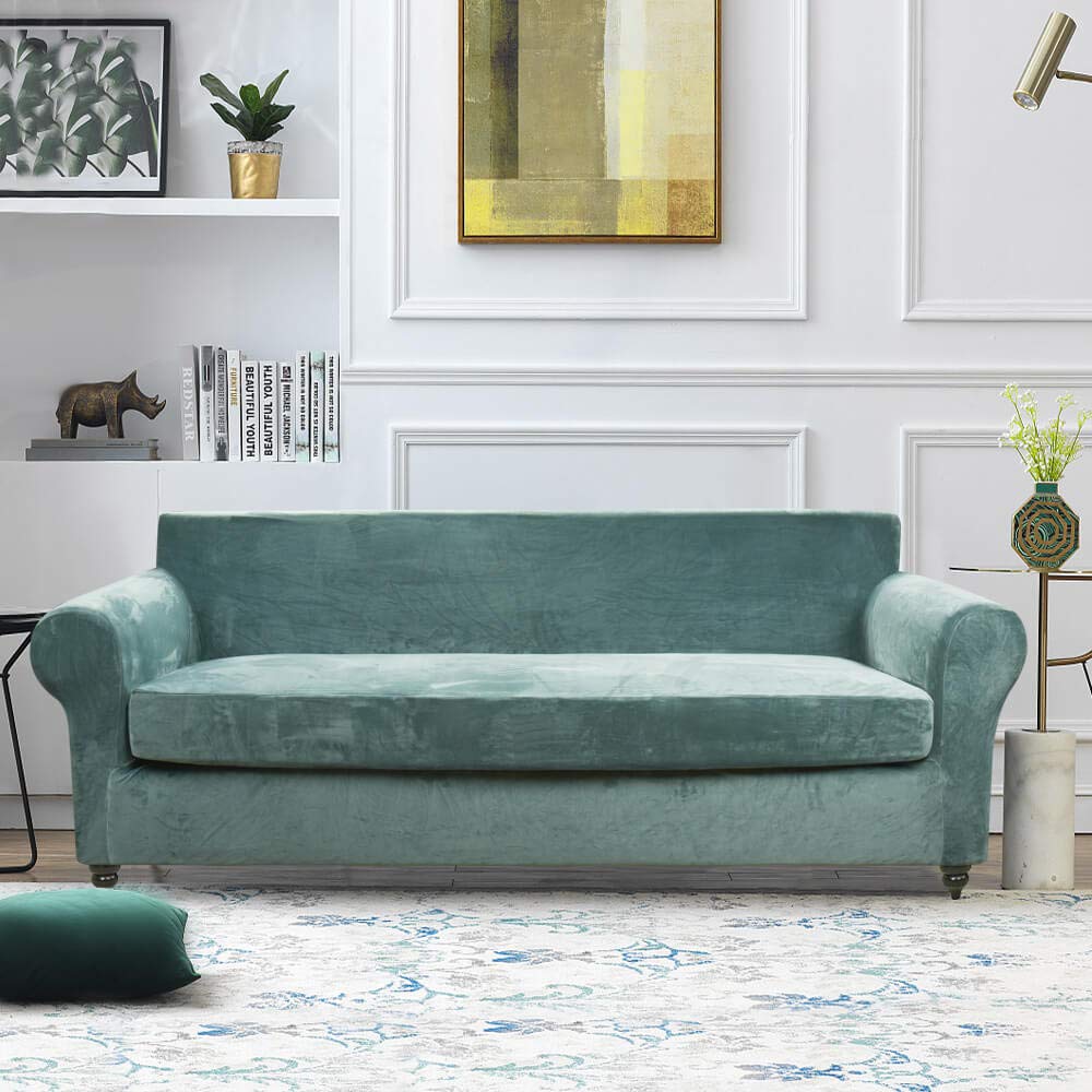 2-Piece Stretch Velvet XL Sofa Slipcover - Super Stretch 3-Cushion Couch Cover for Living Room, Pet-Friendly Furniture Protector (Sage Green) | Perfect for Home Decor & Pet Owners