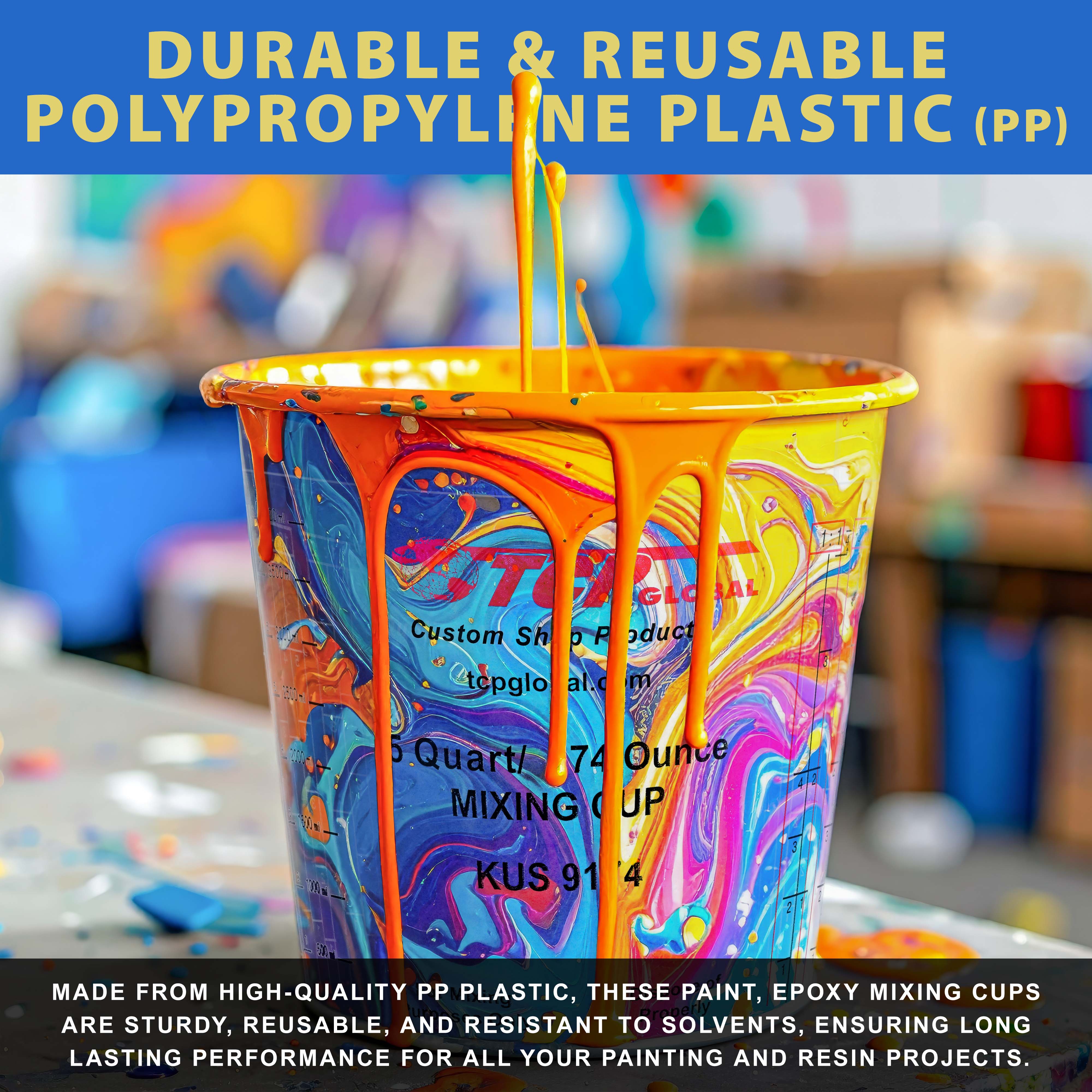 5 Quart Paint Mixing Cups (48 Pack) - Plastic Measuring Cups for Liquids, Automotive Painting, Epoxy Resin, Acrylic Arts & Crafts - Disposable or Reusable Graduated Mixing Cups with Ratio Markings - Perfect for DIY Projects, Home Renovation & Professional Auto Body Work