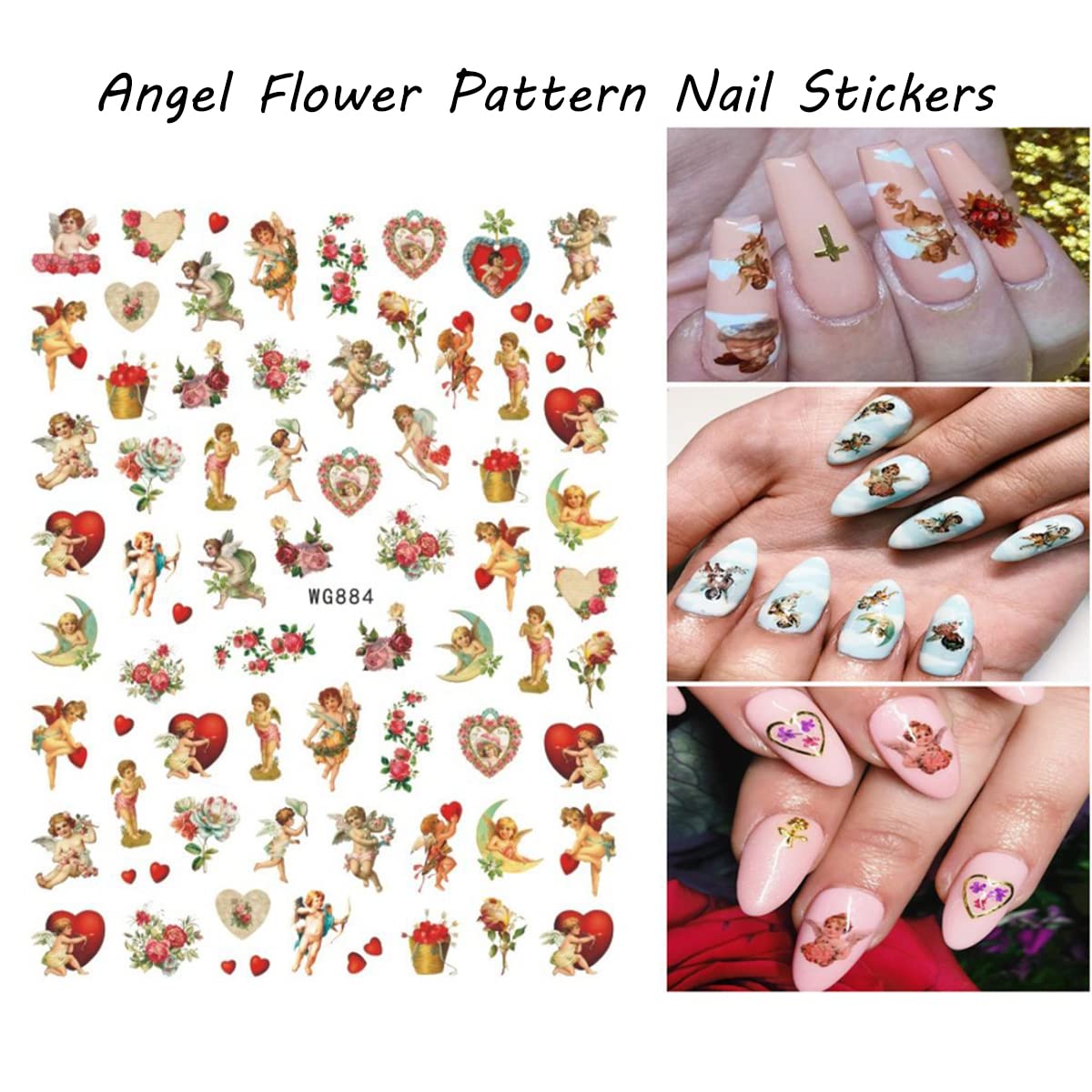 10pcs Angel Nail Stickers - Floral Wing Designs for Valentine's Day Nail Art