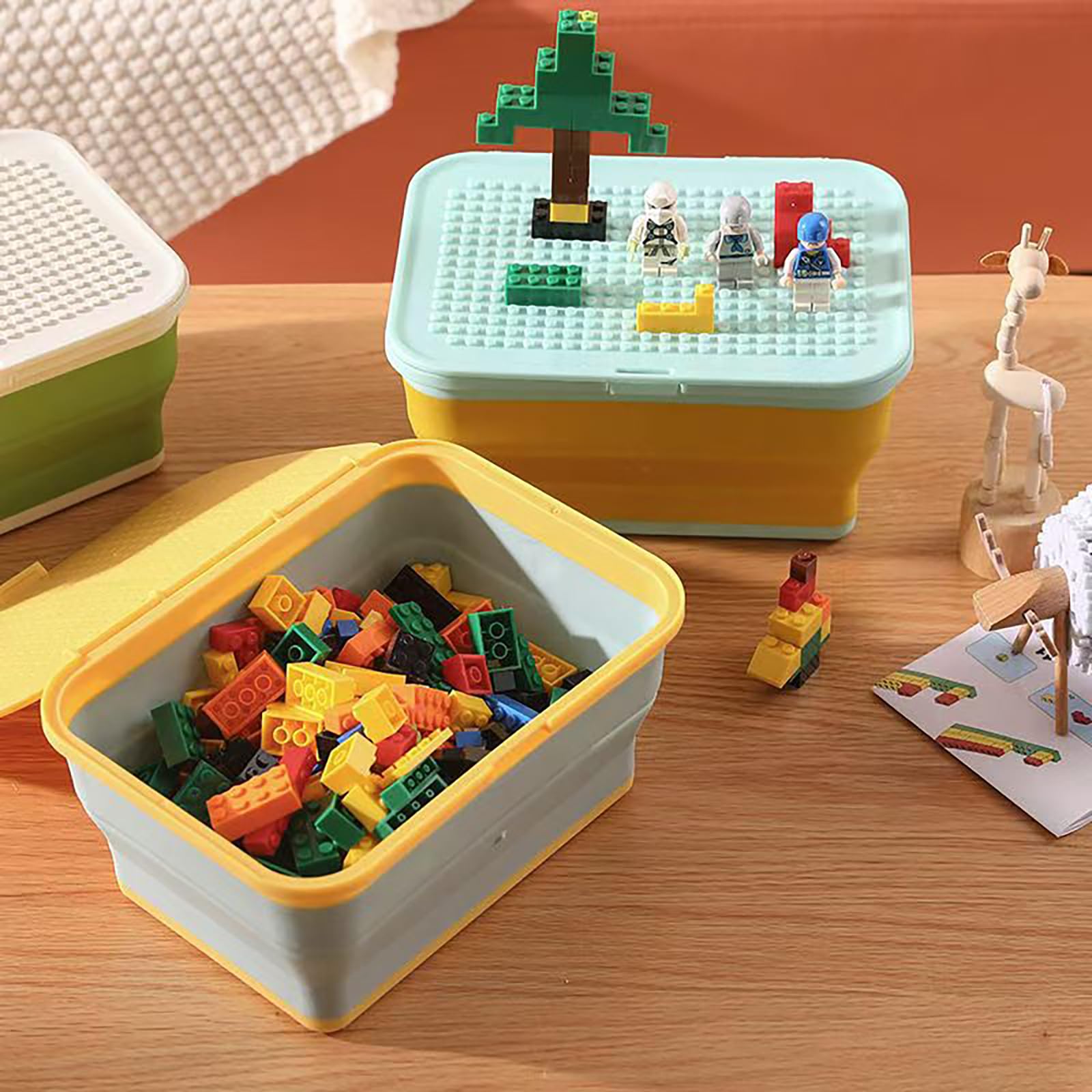 Lego Storage Organizer with Baseplate Lid & 5 Compartment Bags - Compressible Brick Box for Lego Toys, Building Blocks & Tabletop Games | Perfect for Kids' Playroom, Classroom & Travel Organization