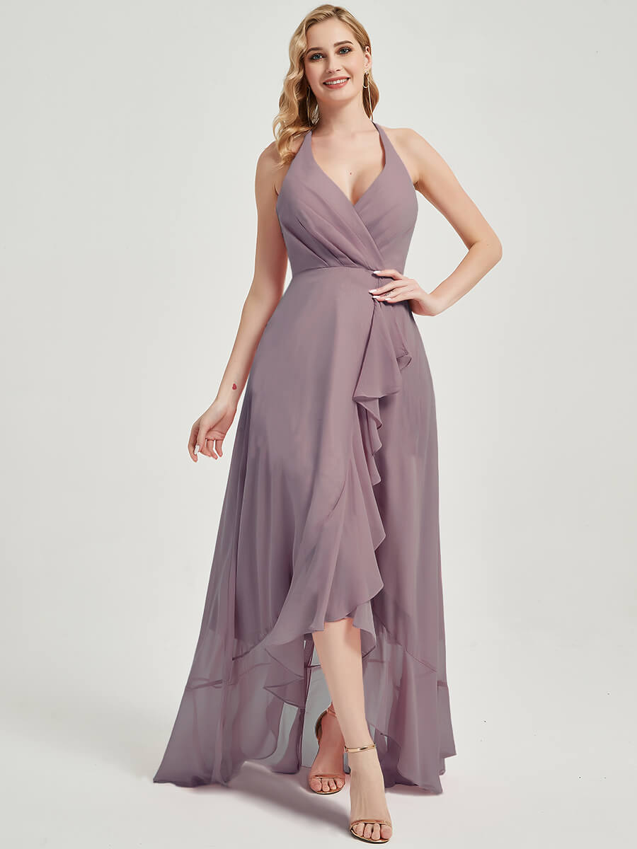 Elegant Dusk Halter V-Neck Backless High-Low Maxi Chiffon Bridesmaid Dress for Wedding Party & Formal Events