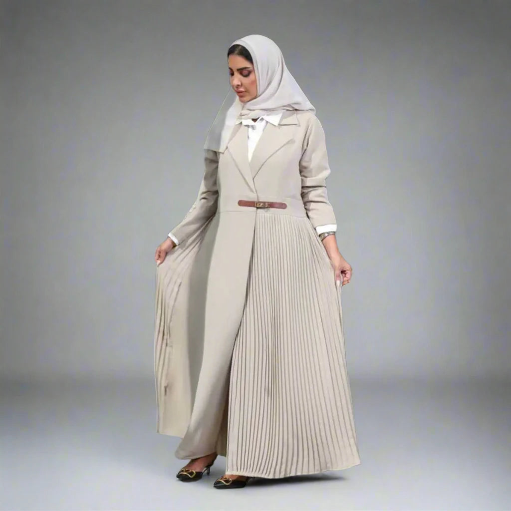 Elegant Pleated Muslim Women's Open Abaya Dress with Adjustable Leather Belt - Modest Islamic Fashion for Prayer, Eid, Wedding & Special Occasions