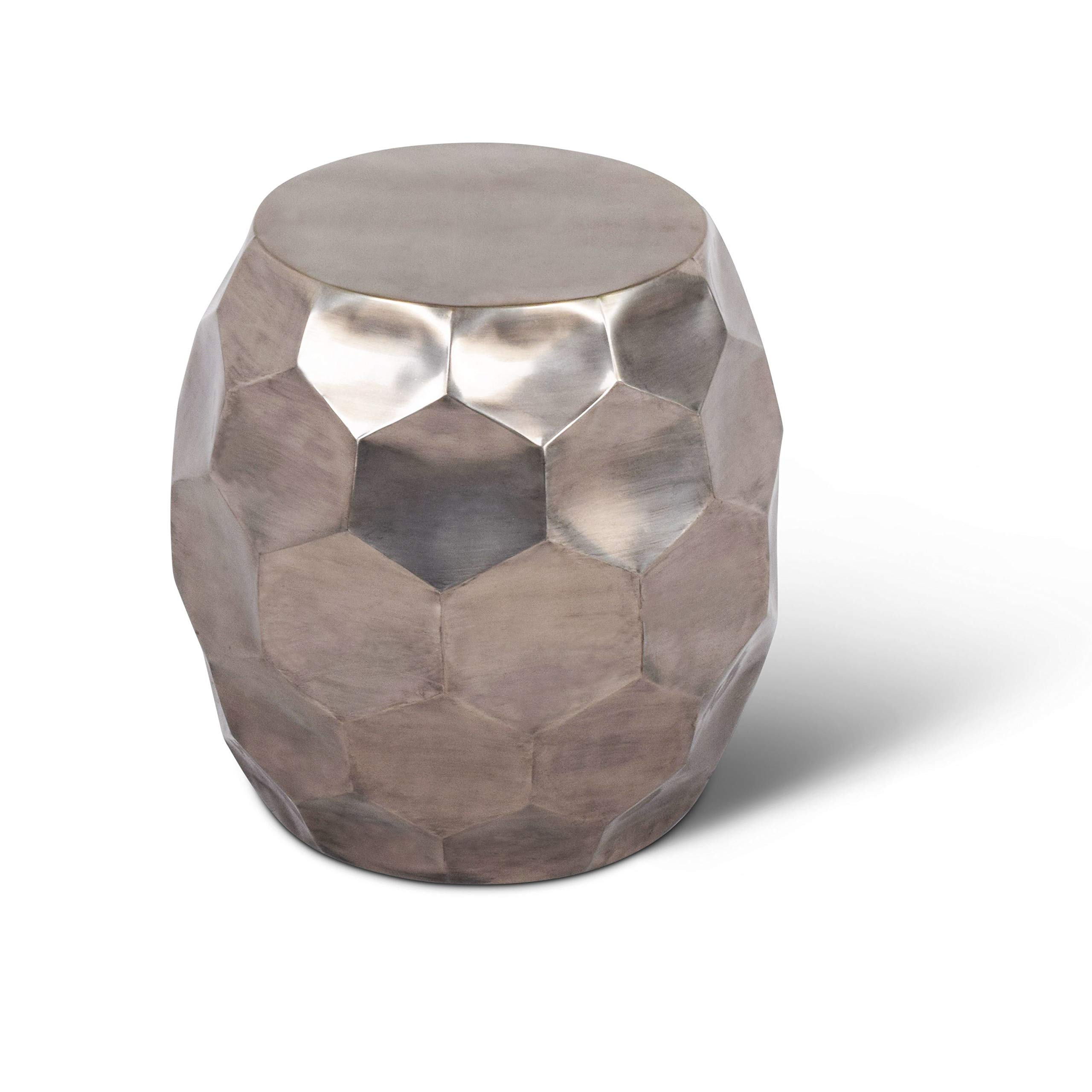Modern Silver Drum End Table - Barrel Shaped Accent Table with Honeycomb Geometric Design for Living Room, Bedroom & Office Decor - Textured Iron Side Table for Coffee Table, Nightstand or Home Styling