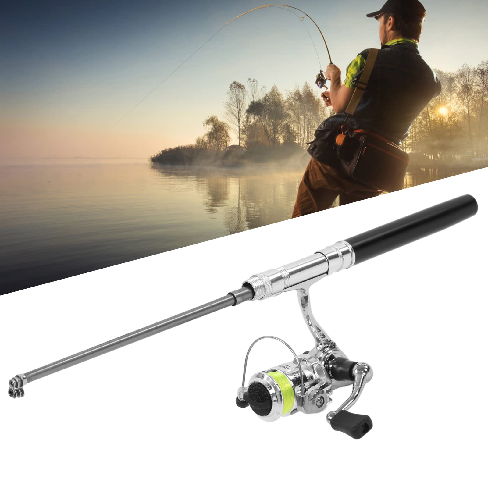 Ubersweet® Compact Pocket Fishing Pole with Reel - Portable Mini Pen-Style Fishing Rod Combo for Rock, Sea & River Fishing | Lightweight Travel Gear for Hiking, Camping & Outdoor Adventures (Black)