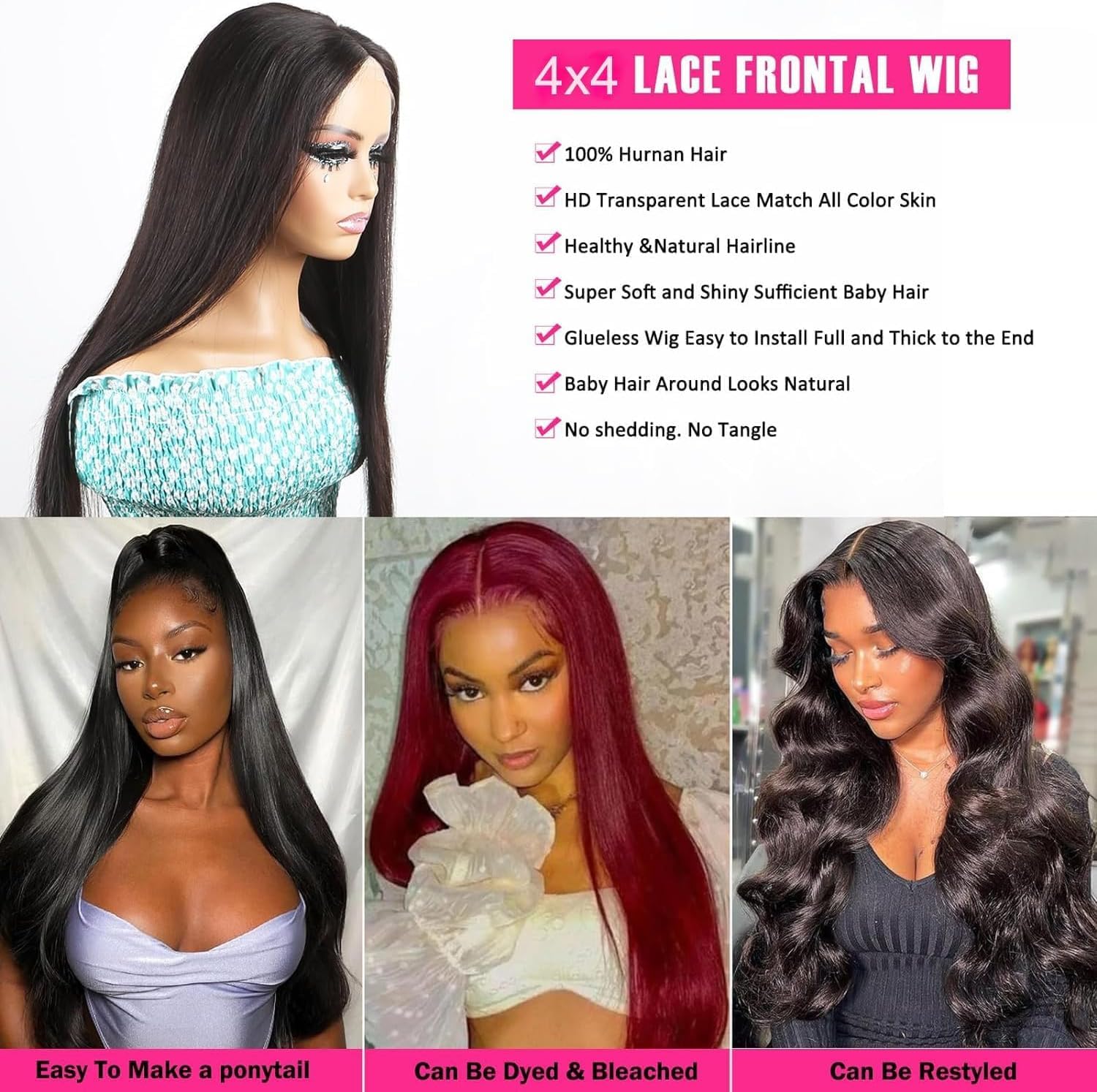 Glueless Human Hair Wig 16 Inches Straight Brazilian Virgin Hair - Pre-Cut HD Lace Wig with Bleached Knots, Natural Black Color for Women | Beginner Friendly No Glue Wig for Daily Wear, Parties & Special Occasions