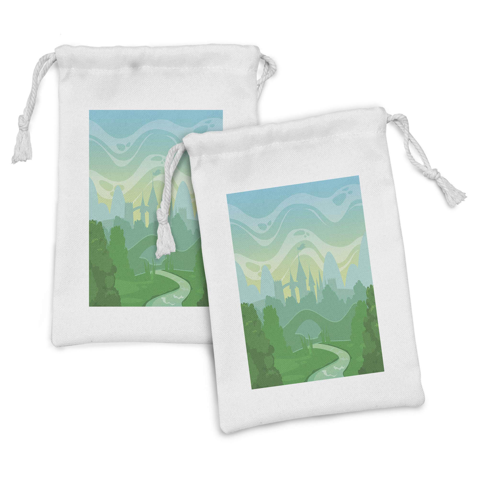 Ambesonne 2-Pack Cartoon Fantasy Fabric Pouches - Morning Landscape & Castle Silhouette Drawstring Bags (9