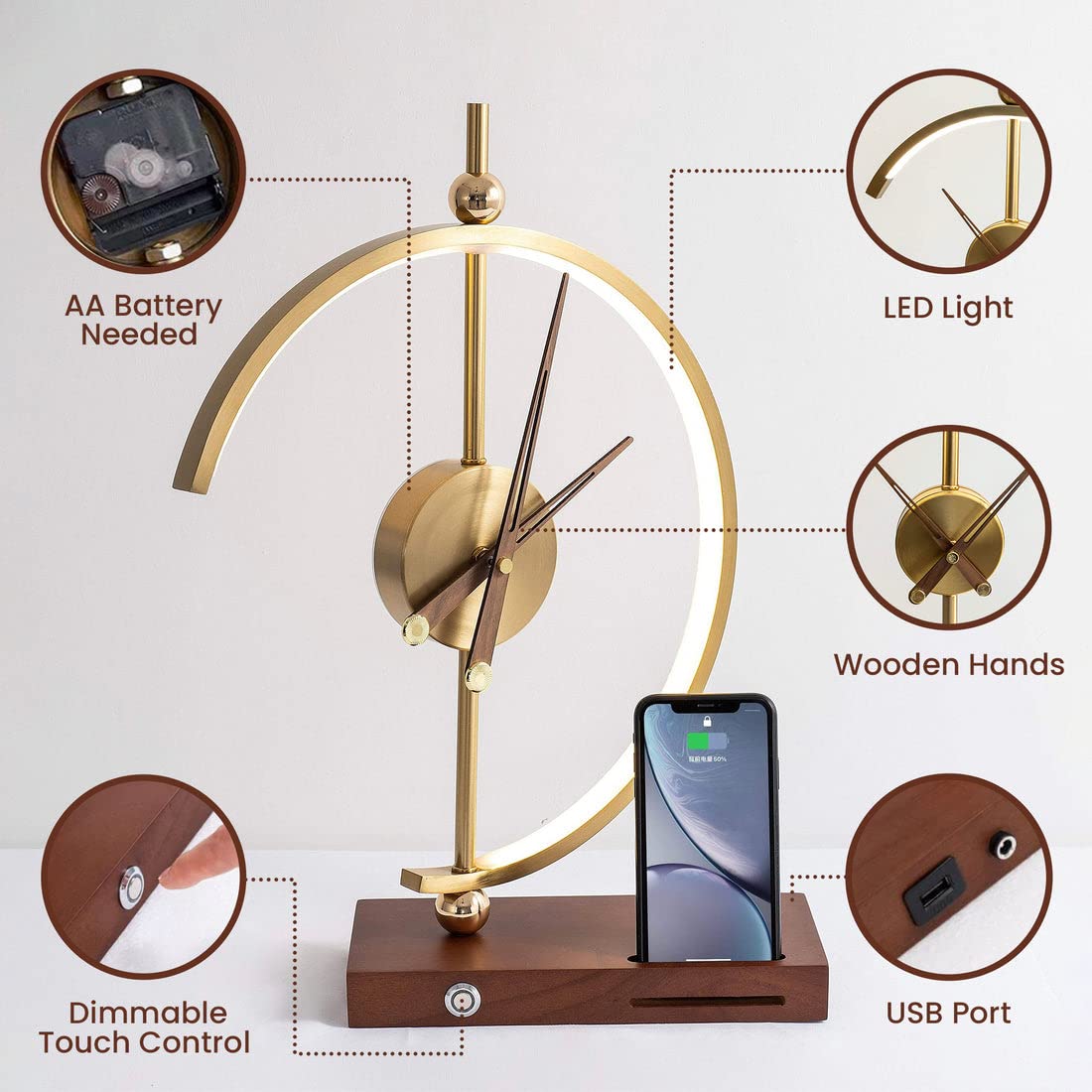 Modern Nogy Desk Lamp with Wireless Charger & Built-in Clock - Dimmable LED Office Desk Light, Art Deco Style for Home & Workspace - Perfect for Reading, Working, and Nightstand Use