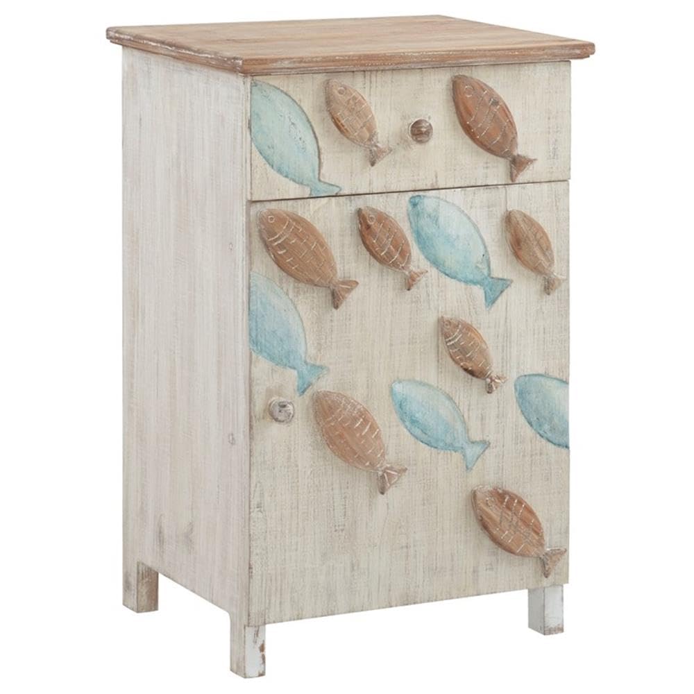 Powell Furniture Linon Hays Fish Wood Storage Side End Table - Distressed White Finish - Perfect for Living Room, Bedroom & Office Decor