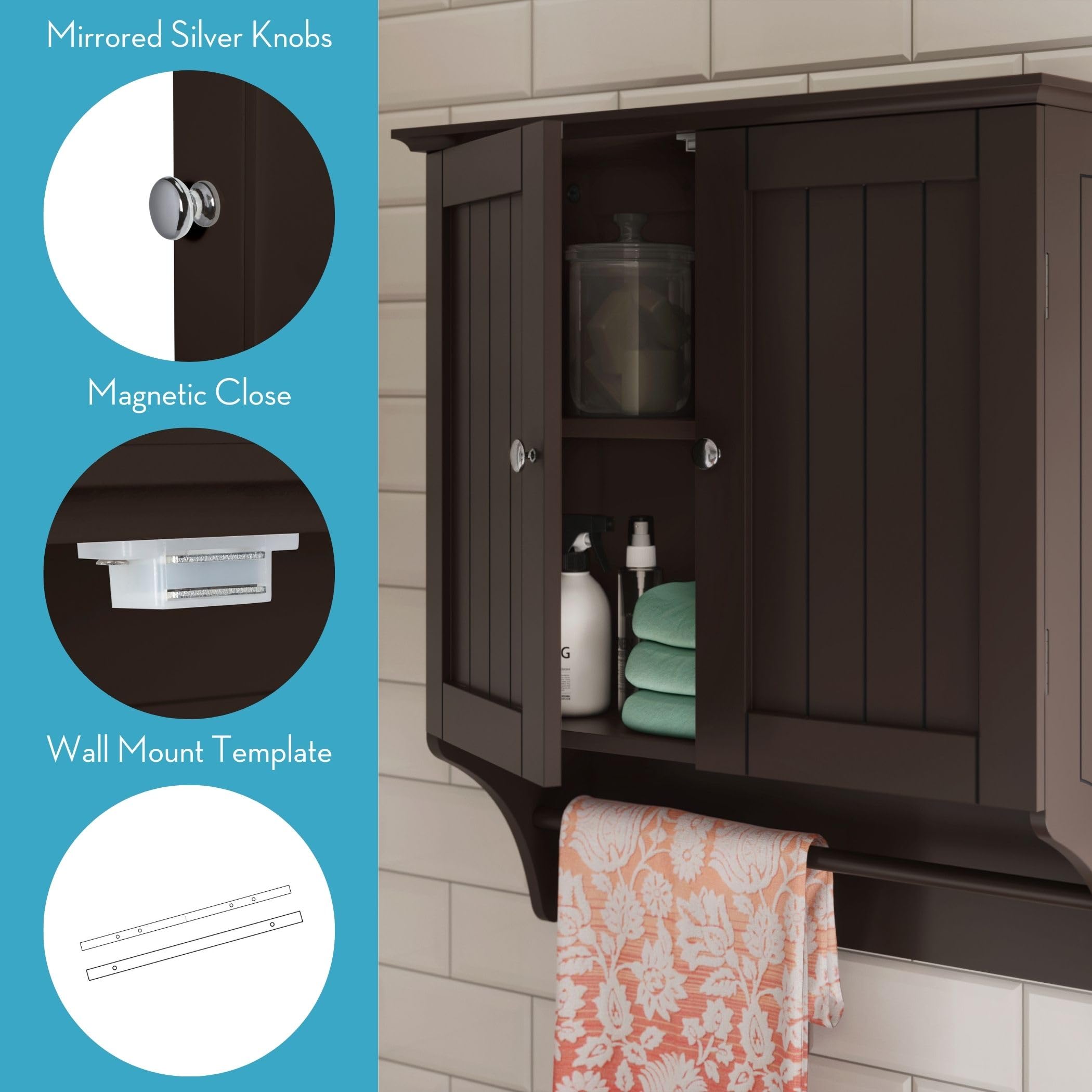 RiverRidge Espresso Ashland Two-Door Bathroom Wall Storage Cabinet - Space-Saving Organizer for Towels, Toiletries & Bath Essentials - Perfect for Small Bathrooms, Powder Rooms & Apartment Living