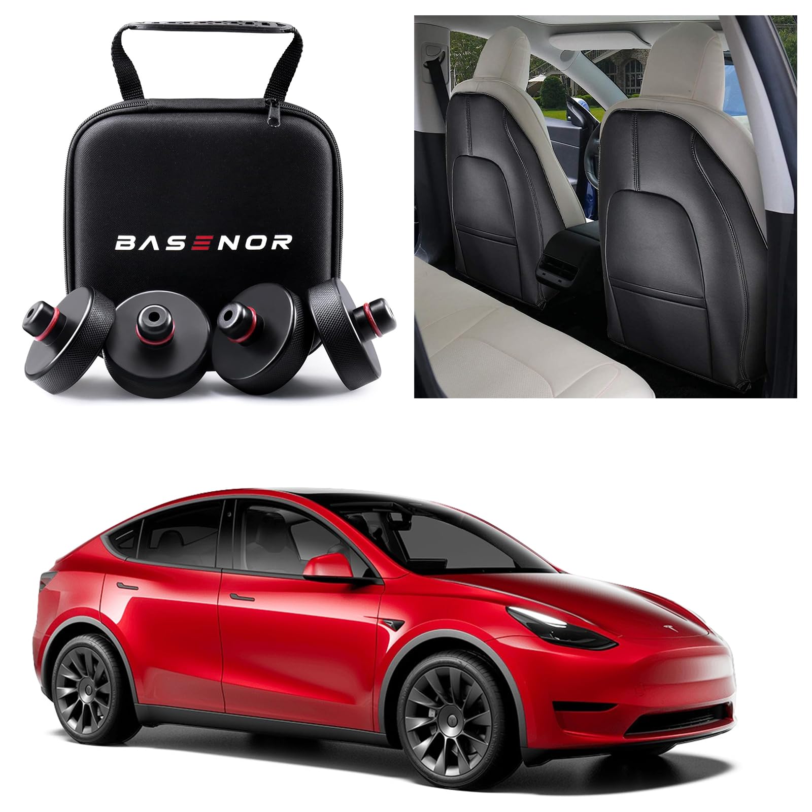 BASENOR Tesla Model 3 & Y Leather Seat Back Protector & Jack Pad - Premium Car Accessories for Comfort & Protection | Perfect for Road Trips & DIY Maintenance
