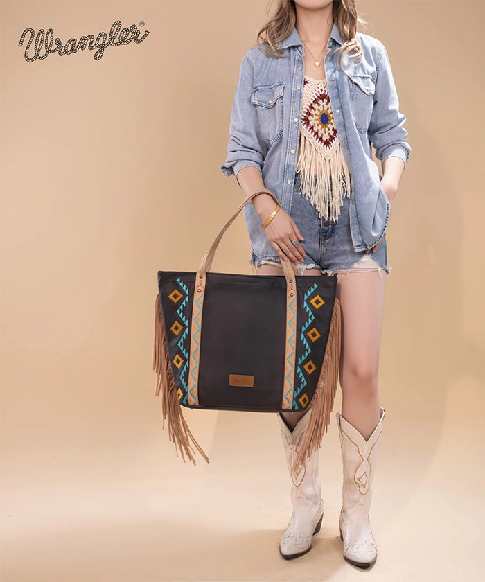 Wrangler Aztec Embroidered Fringe Wide Tote Bag for Women - Stylish Boho Shoulder Purse for Beach, Travel & Everyday Use