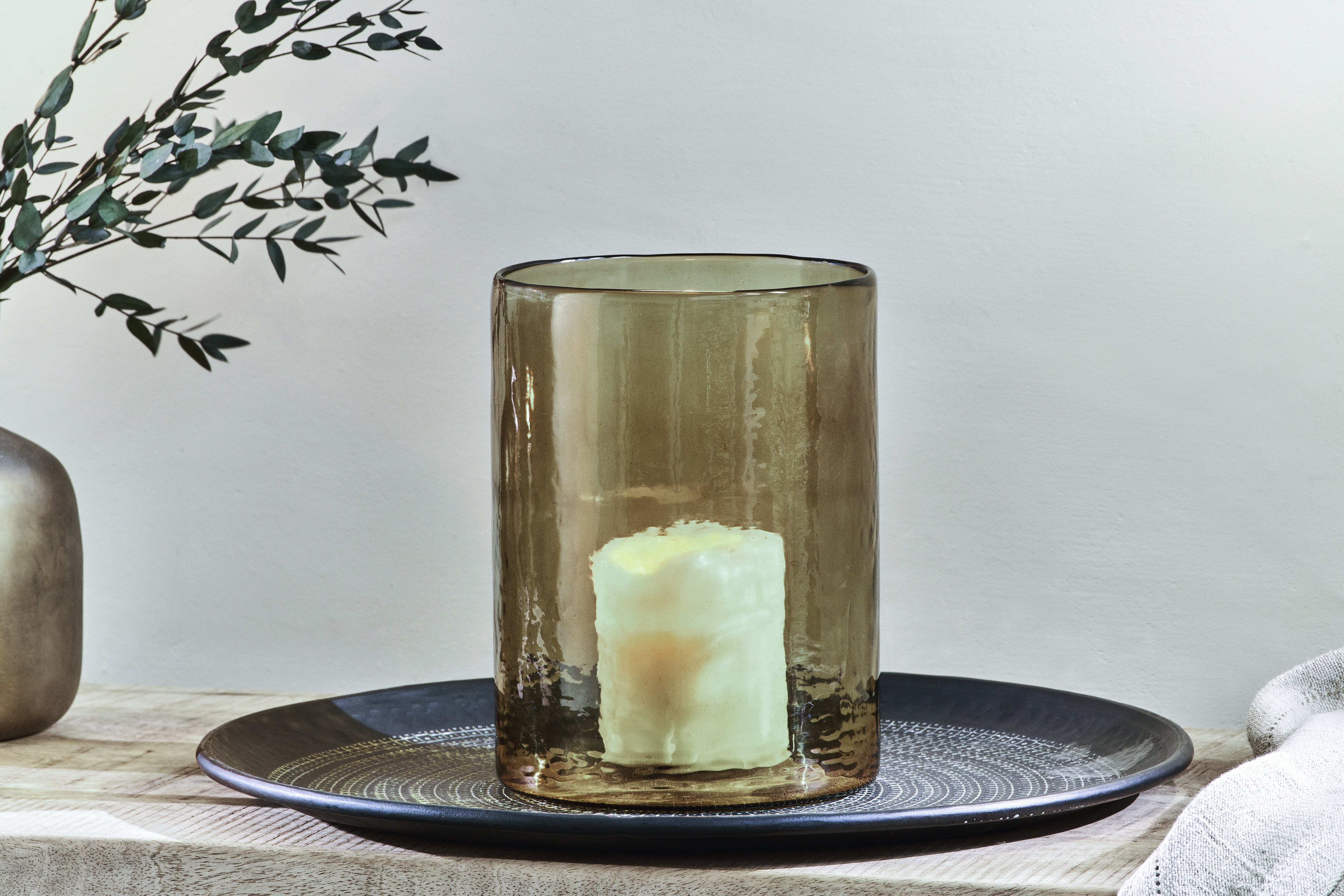 Vintage Smokey Brown Storm Lantern & Vase - Rustic Home Decor for Indoor/Outdoor Use - Perfect for Patio, Garden, Camping & Emergency Lighting