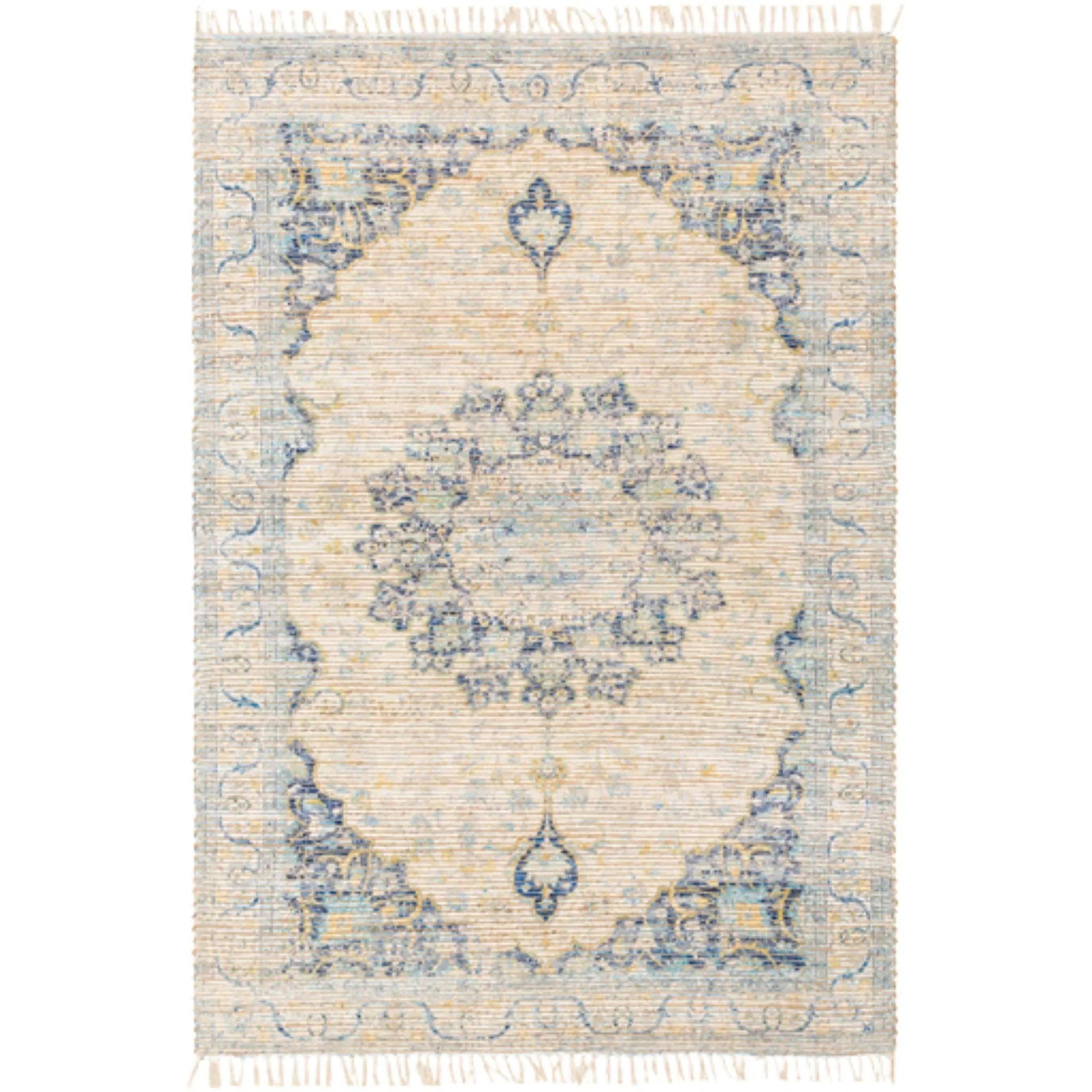 Premium Coventry Blue and Beige Area Rug with Tassel Fringe - Multiple Size Options for Living Room, Bedroom & Office Decor