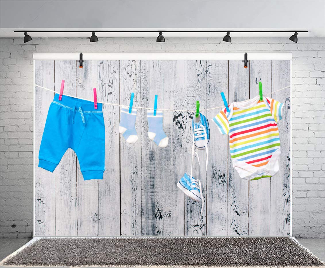 10x7ft Baby Shower Backdrop for Boys - Wooden Plank Photography Background with Kids Clothes, T-Shirt, Pants & Shoes - Perfect for Newborn Birthday Parties, Studio Props & Video Drapes