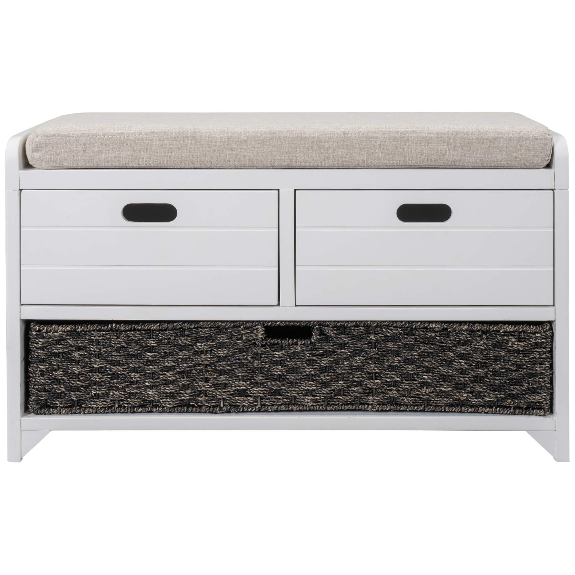 P PURLOVE White Entryway Storage Bench with 2 Drawers & Removable Basket - Shoe Bench with Cushion for Hallway, Living Room, Bedroom - Fully Assembled Organizer for Shoes, Hats & Home Decor (Perfect for Small Spaces & Entry Organization)