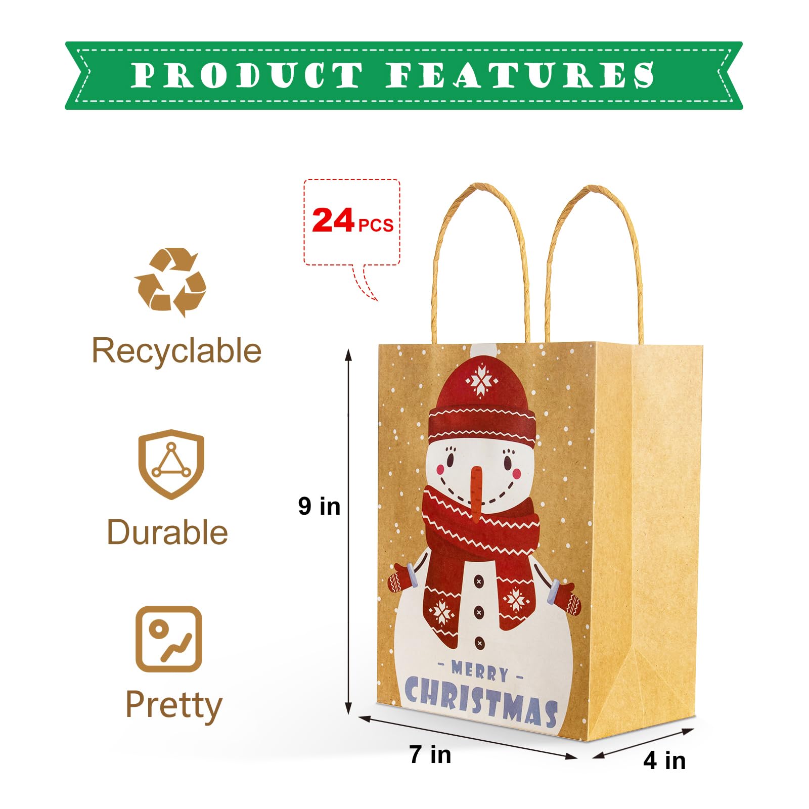 GINLEBO 24Pcs Christmas Gift Bags with Handles - 9x7x4 Inch Kraft Paper Holiday Gift Bags for Xmas Presents, Party Favors & Festive Celebrations | Perfect for Christmas Parties, Office Gifts & Holiday Wrapping