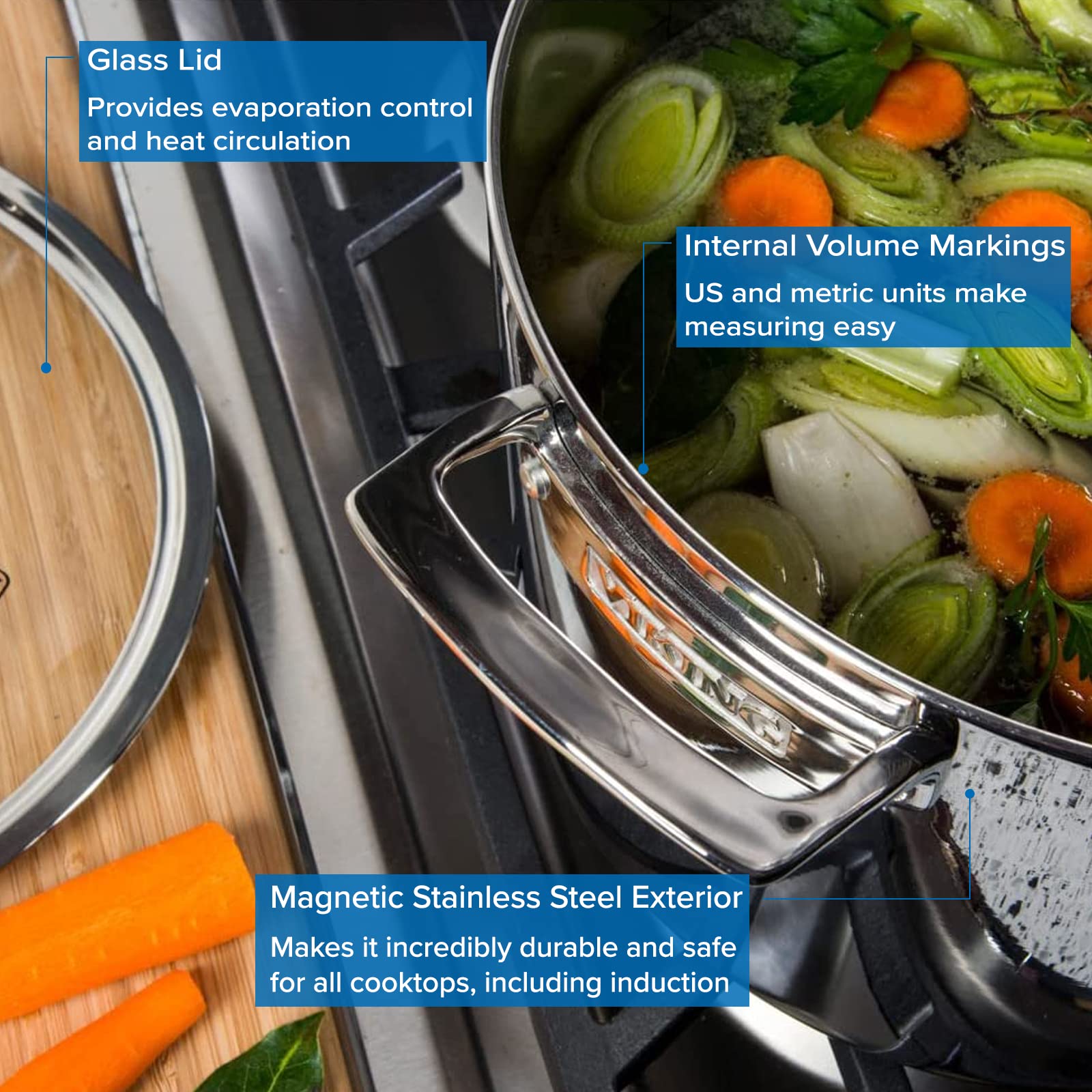 Viking 8 Quart 3-Ply Stainless Steel Stock Pot with Lid - Professional Soup Pot, Pasta Cooker & Stew Pot for Home Kitchen, Restaurant & Catering Use
