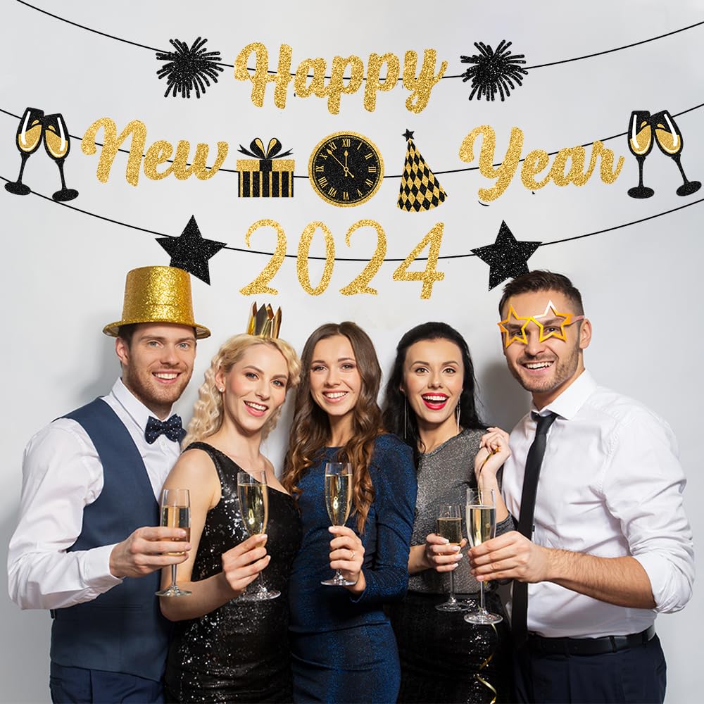 2025 Gold & Black Glitter Happy New Year Banner - New Year's Eve Party Decorations & Sign for NYE Celebrations | Perfect for Home, Office & Holiday Party Decor