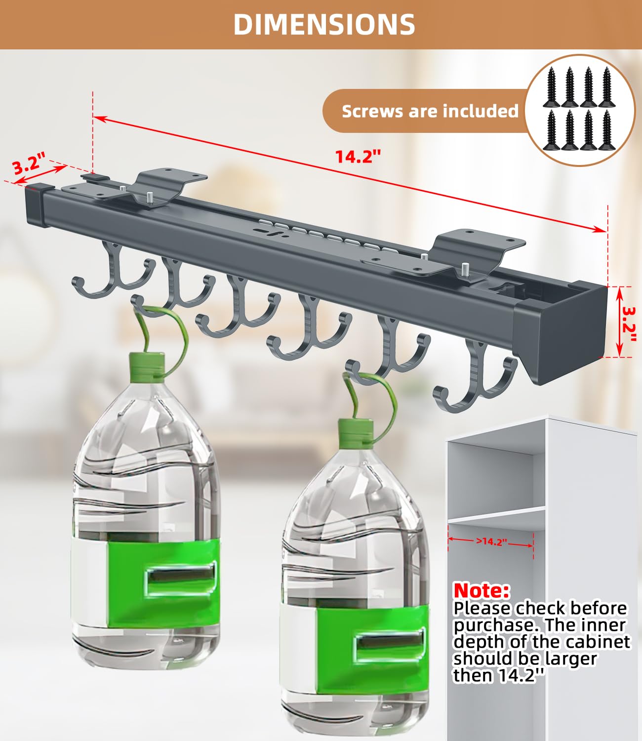 Adjustable Double Row Sliding Hook Broom & Mop Holder - Multifunctional Pull Out Storage Organizer for Garage, Closet & Laundry Room - Dark Grey (36cm) - Perfect for Space Saving Home Organization