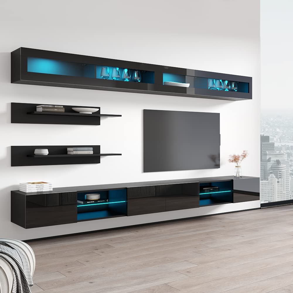 Modern Floating TV Stand with Storage & LED Lights - Wall-Mounted Entertainment Center for Living Room & Bedroom - Space-Saving TV Console with Shelves - Perfect for Small Apartments & Home Theater Setup (Black)