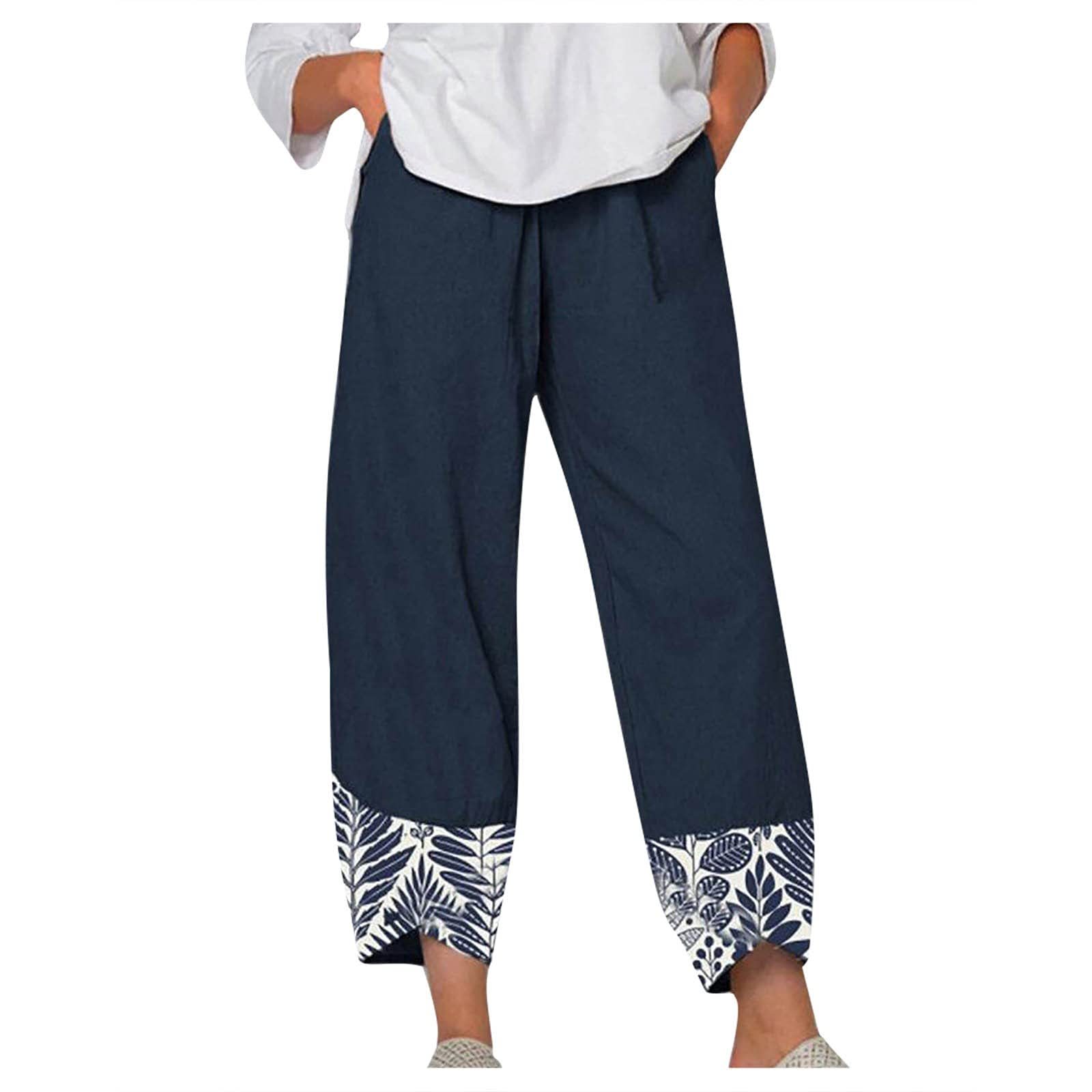 Kingspinner Women's Plus Size Linen Capri Pants - Elastic Waist Casual Cropped Trousers for Summer, Travel & Office Wear