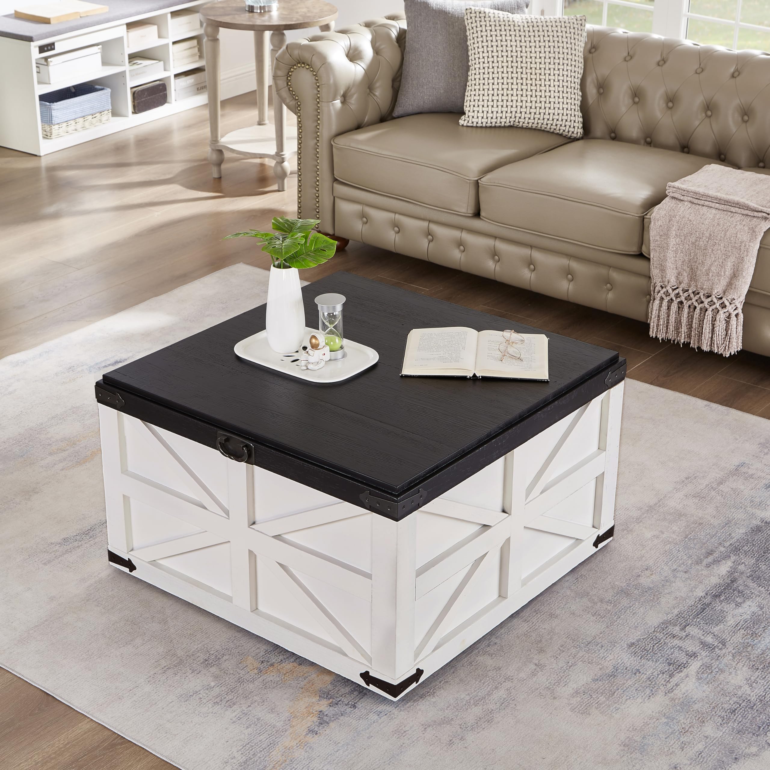 Rustic Square Wood Coffee Table with Hidden Storage - 31.5