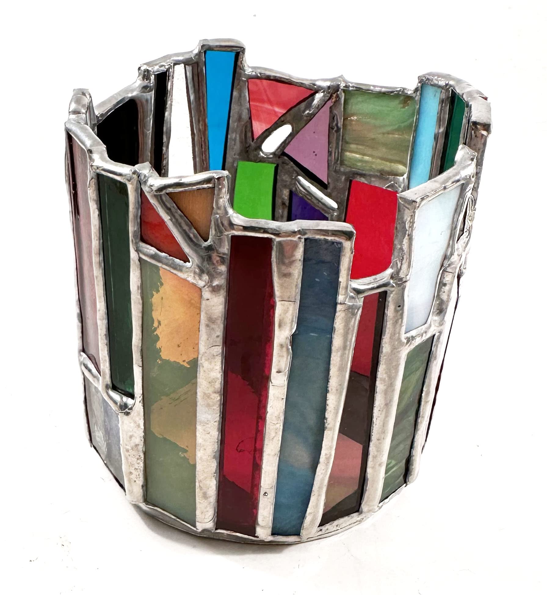 Stained Glass Round Candle Holders - Striped in Yellow, Sea Green, Red, Blue, Pink, Forest Green & Purple | Decorative Home Decor for Dining Table, Wedding Centerpiece & Meditation Space