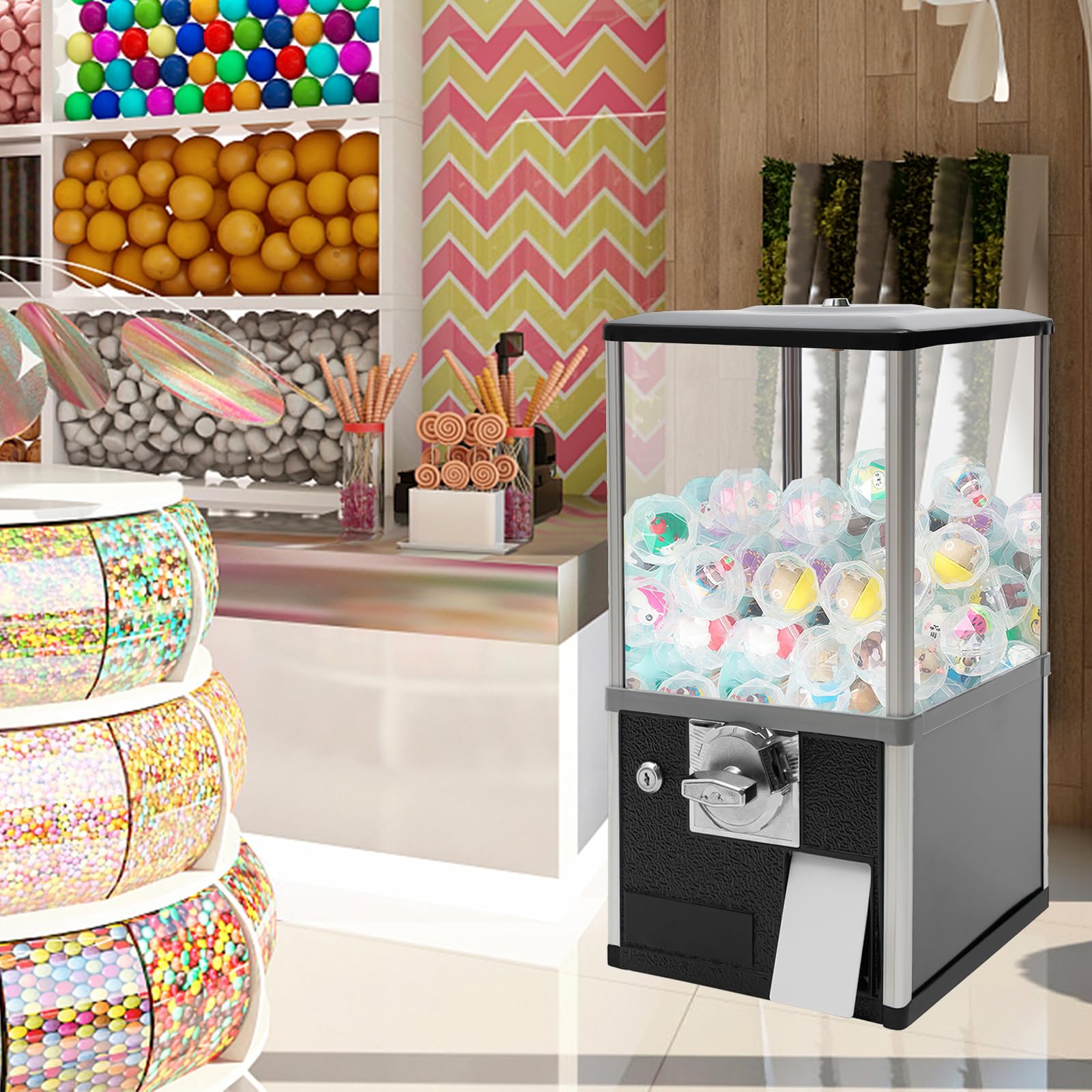 25 Cent Coin Operated Vending Machine - Commercial Gumball & Toy Capsule Dispenser for Candy, Nuts, Prizes - Perfect for Arcades, Retail Stores, and Birthday Parties (Black)