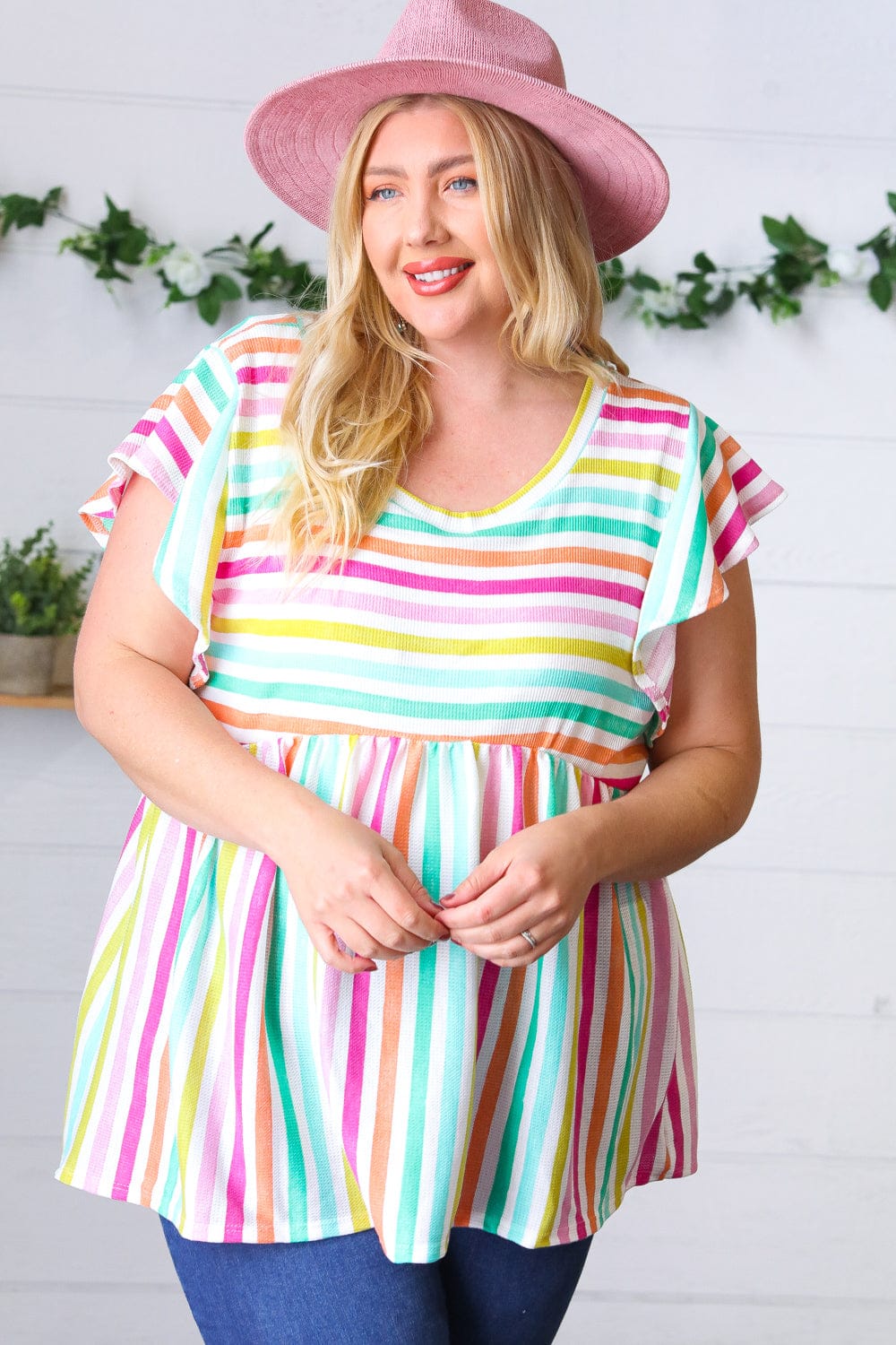 Lavender Rainbow Stripe Babydoll Top - Cute Flowy Summer Crop Top for Women, Perfect for Beach, Music Festivals & Date Nights
