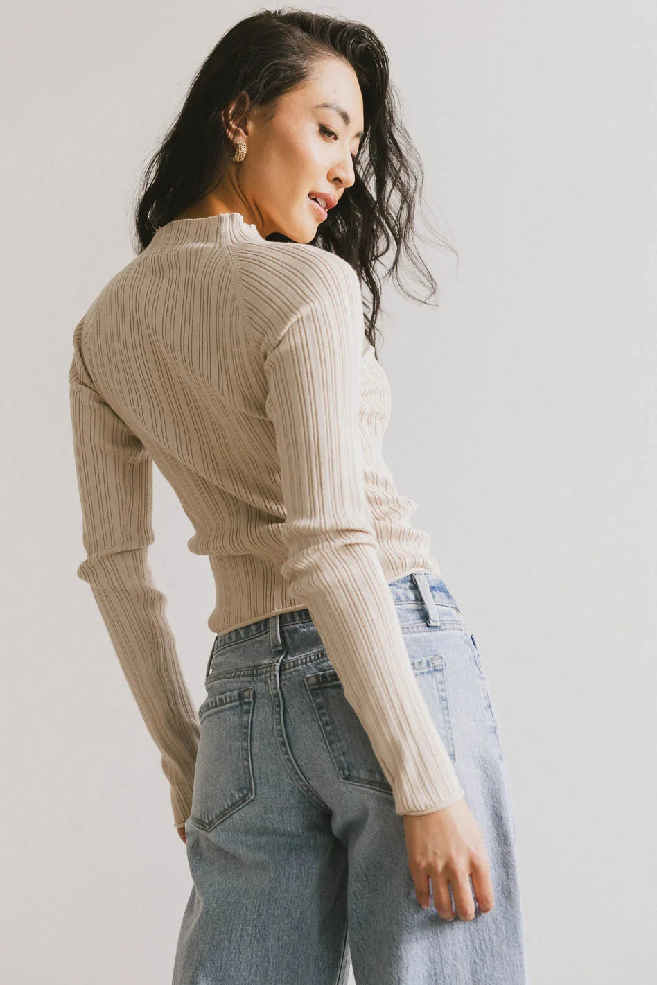 Azizi Ribbed Knit Top for Women - Soft Beige Crewneck Casual Shirt - Perfect for Layering, Office Wear & Everyday Outfits