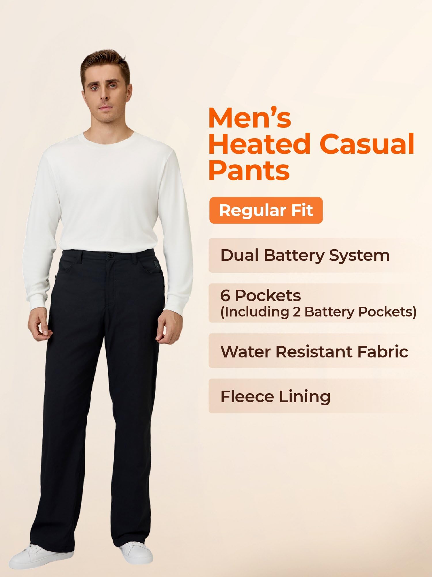 ORORO Men's Heated Fleece Lined Winter Pants with Battery Pack - USB Rechargeable Thermal Underwear for Outdoor Work, Skiing & Cold Weather (Charger Sold Separately)