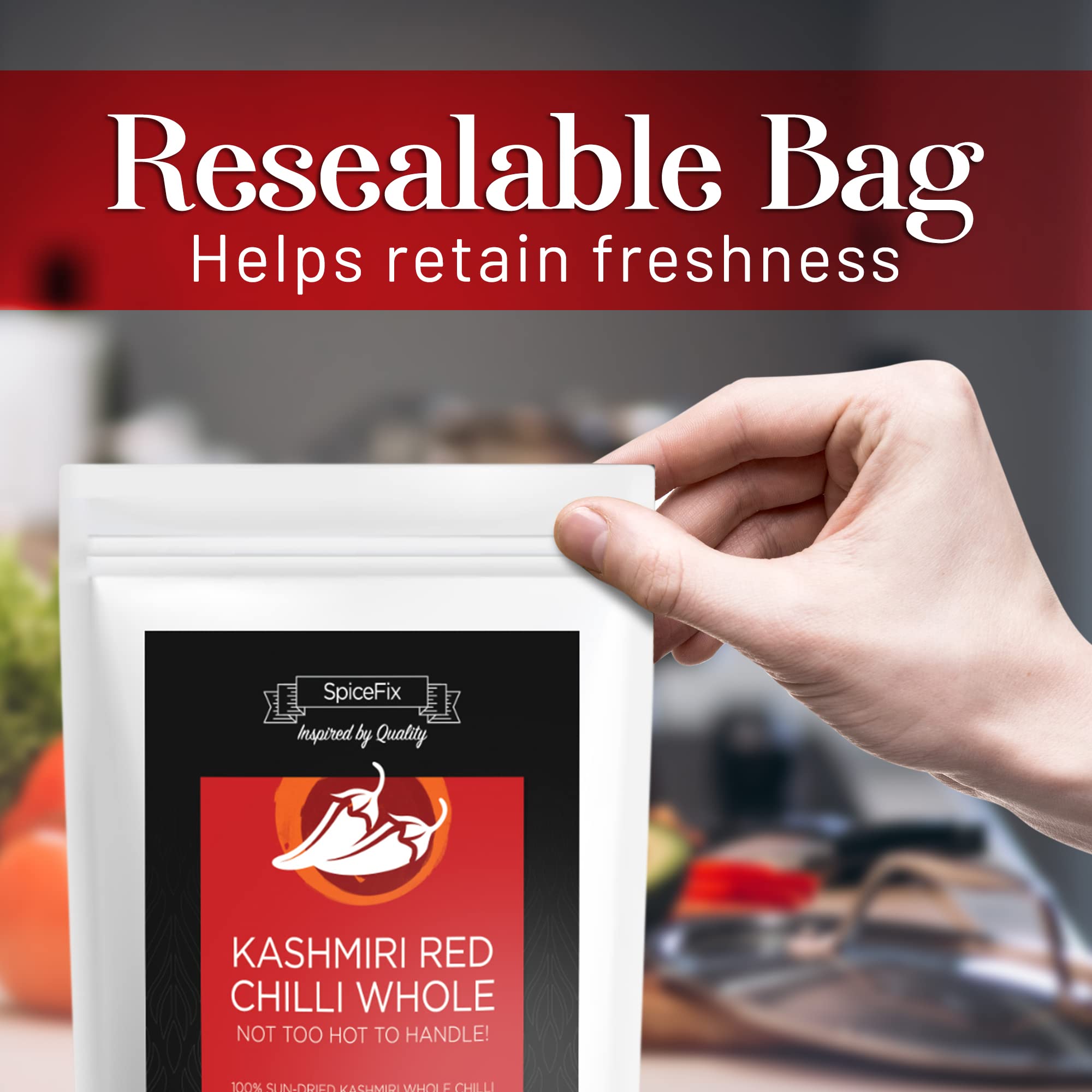 Premium Whole Kashmiri Red Chili Pepper - Mild to Medium Heat, Natural Stemless Dried Chillies | Sun-Dried Indian Red Peppers in Resealable Bag (2.6oz) - Perfect for Curries, Stews & Homemade Spice Blends