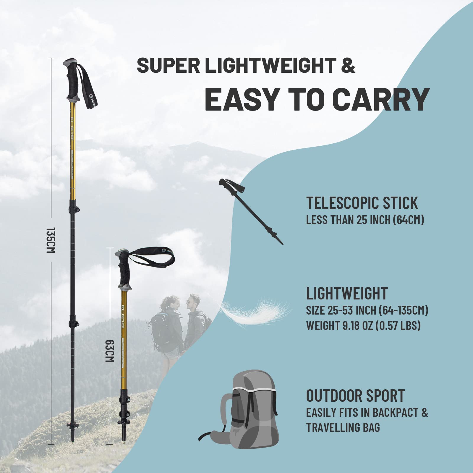 Adjustable Aluminum Trekking Poles - Lightweight Hiking Sticks with Quick Lock System, Ergonomic Handle & Padded Strap - Includes Snow Baskets - Perfect for Mountain Hiking, Backpacking & Outdoor Adventures
