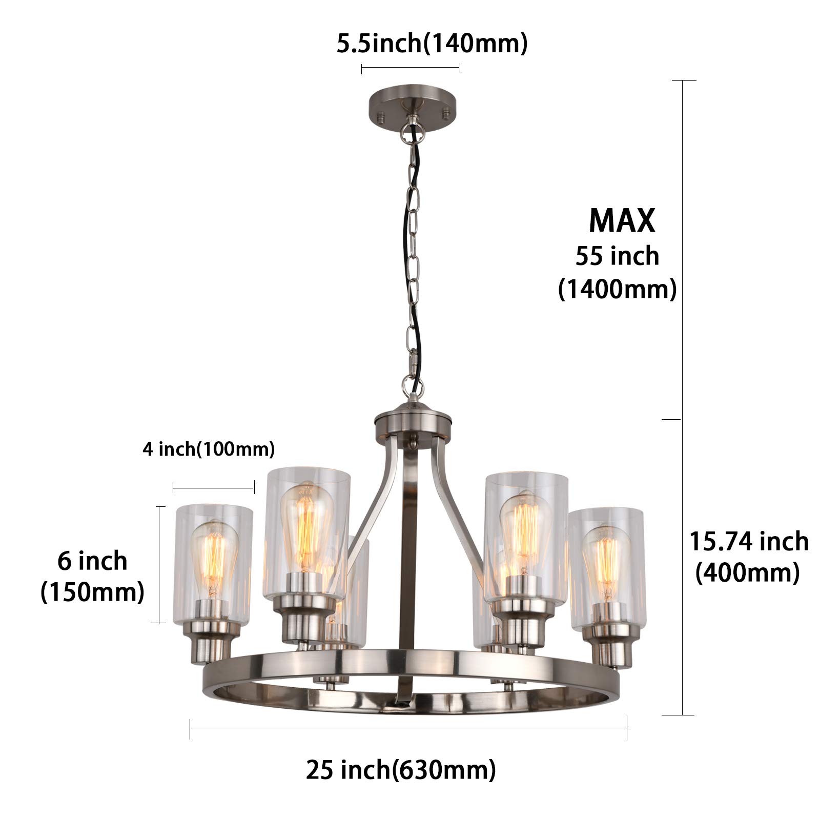 Modern 6-Light Brushed Nickel Chandelier with Glass Pendants - Elegant Dining Room Lighting Fixture for Kitchen, Living Room & Bedroom - Perfect for Family Dinners, Entertaining Guests & Cozy Home Decor