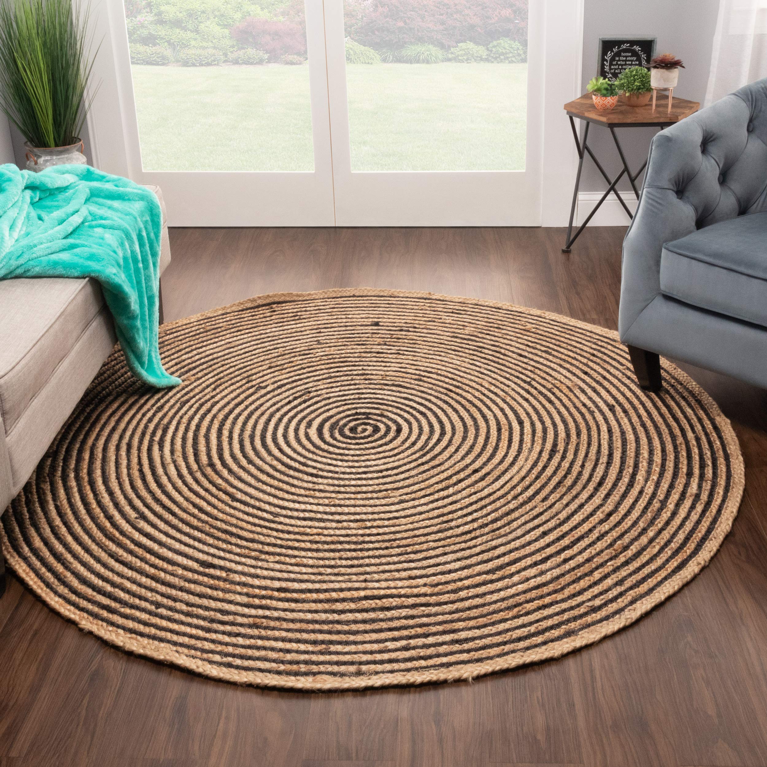 Premium Handwoven Braided Jute Area Rug - 10' Round Black Natural Fiber Floor Mat for Living Room, Bedroom, Dining Room | Eco-Friendly Farmhouse Decor for Home, Office, Dorm & Entryway | Soft Underfoot & Durable for High-Traffic Areas