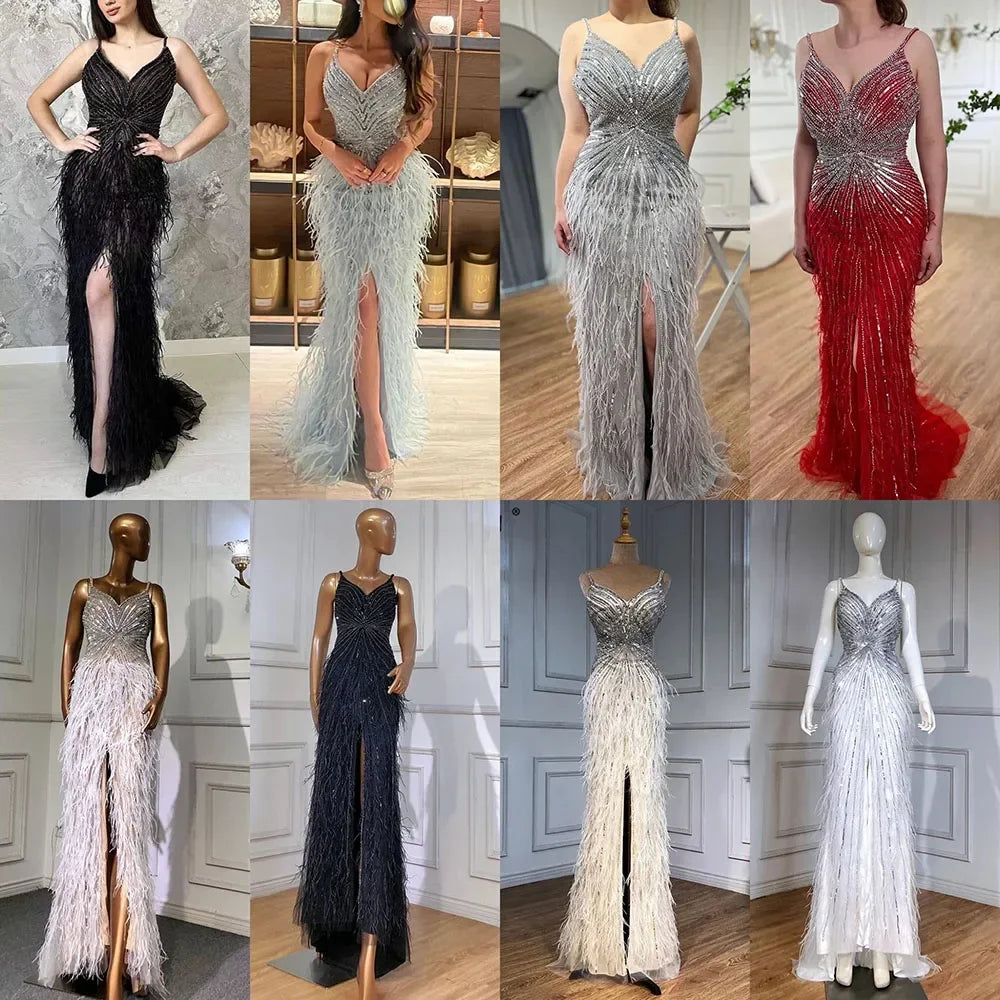 Elegant Arabic Black Feather Beaded Mermaid Evening Gown with High Slit - LA70623 | Formal Dress for Prom, Gala & Special Occasions