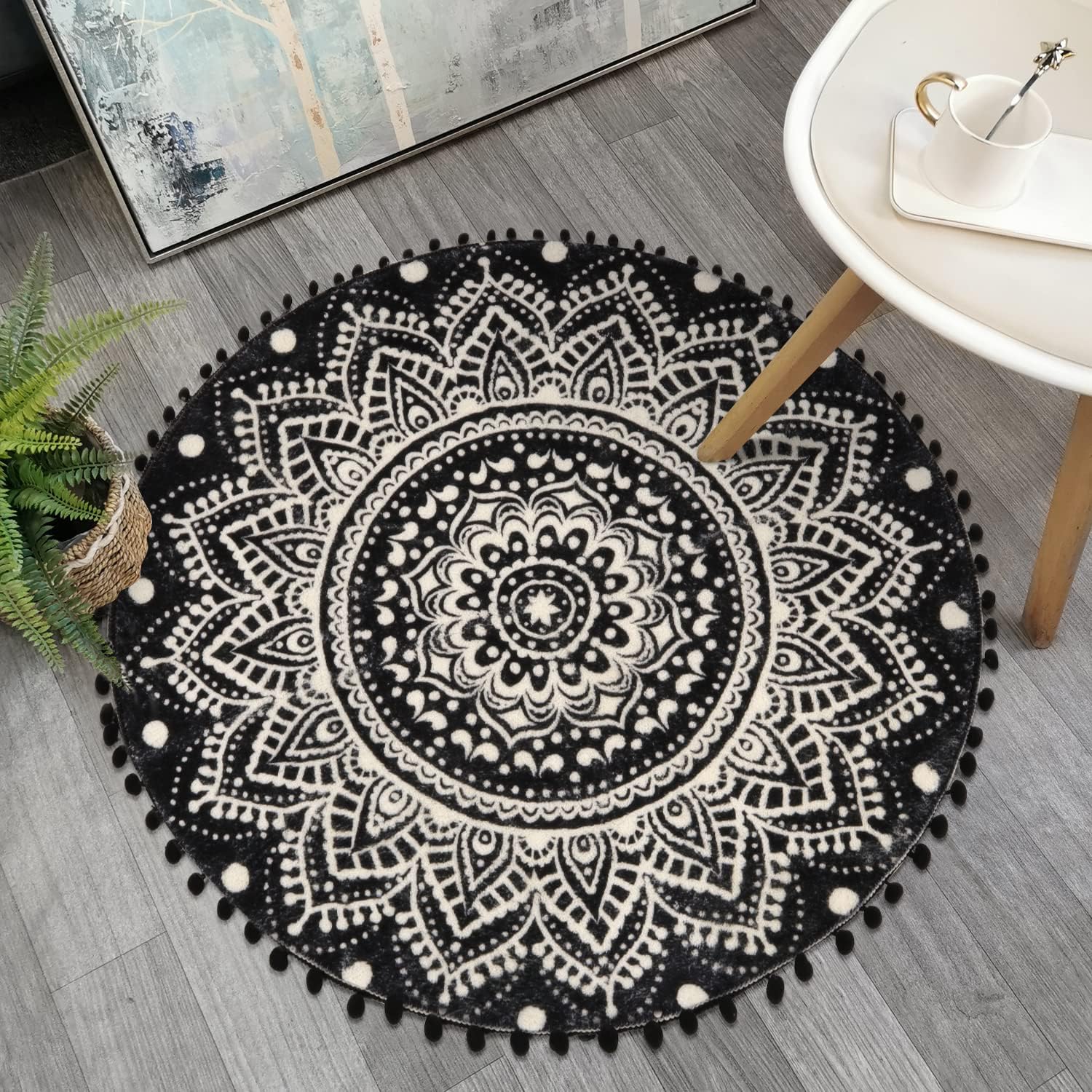 Uphome Boho Round Rug - 3' Circle Mandala Design with Pom Pom Fringe | Non-Slip Washable Soft Floor Mat for Bedroom, Living Room, Nursery & Entryway | Perfect for Bohemian Decor, Kids Room & Bathroom Accent